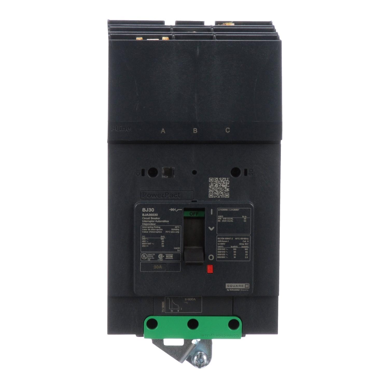 Schneider Electric I-Line™ PowerPact™ BJA36030 Molded Case Circuit Breaker, 600Y/347 V AC, 30 A, 100 kA at 240 V AC/65 kA at 480 V AC/25 kA at 600Y/347 V AC Interrupt, 3 Poles, Thermal Magnetic Trip
