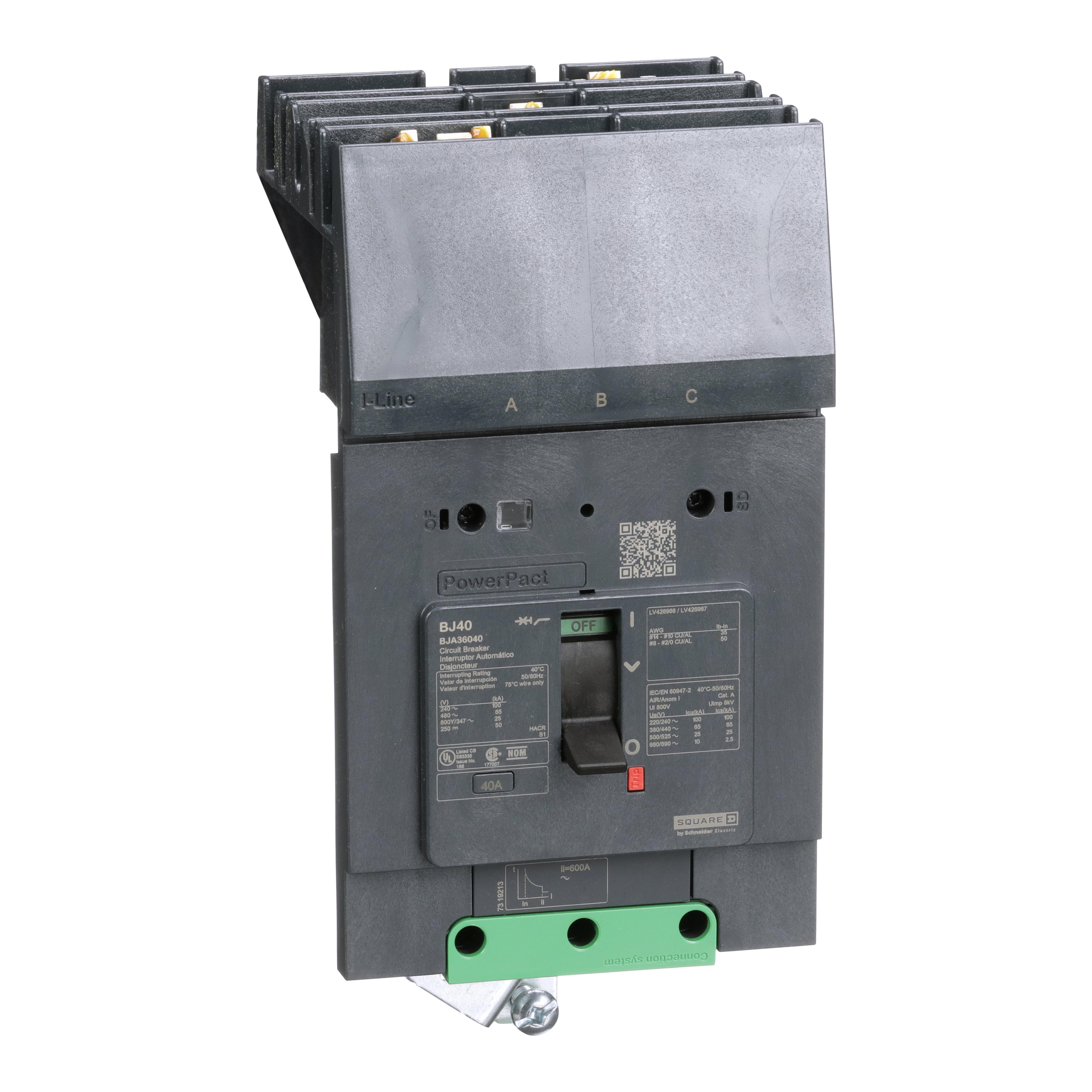 Schneider Electric I-Line™ PowerPact™ BJA36040 Molded Case Circuit Breaker, 600Y/347 V AC, 40 A, 100 kA at 240 V AC, 65 kA at 480 V AC, 25 kA at 600Y/347 V AC Interrupt, 3 Poles, Thermal Magnetic Trip