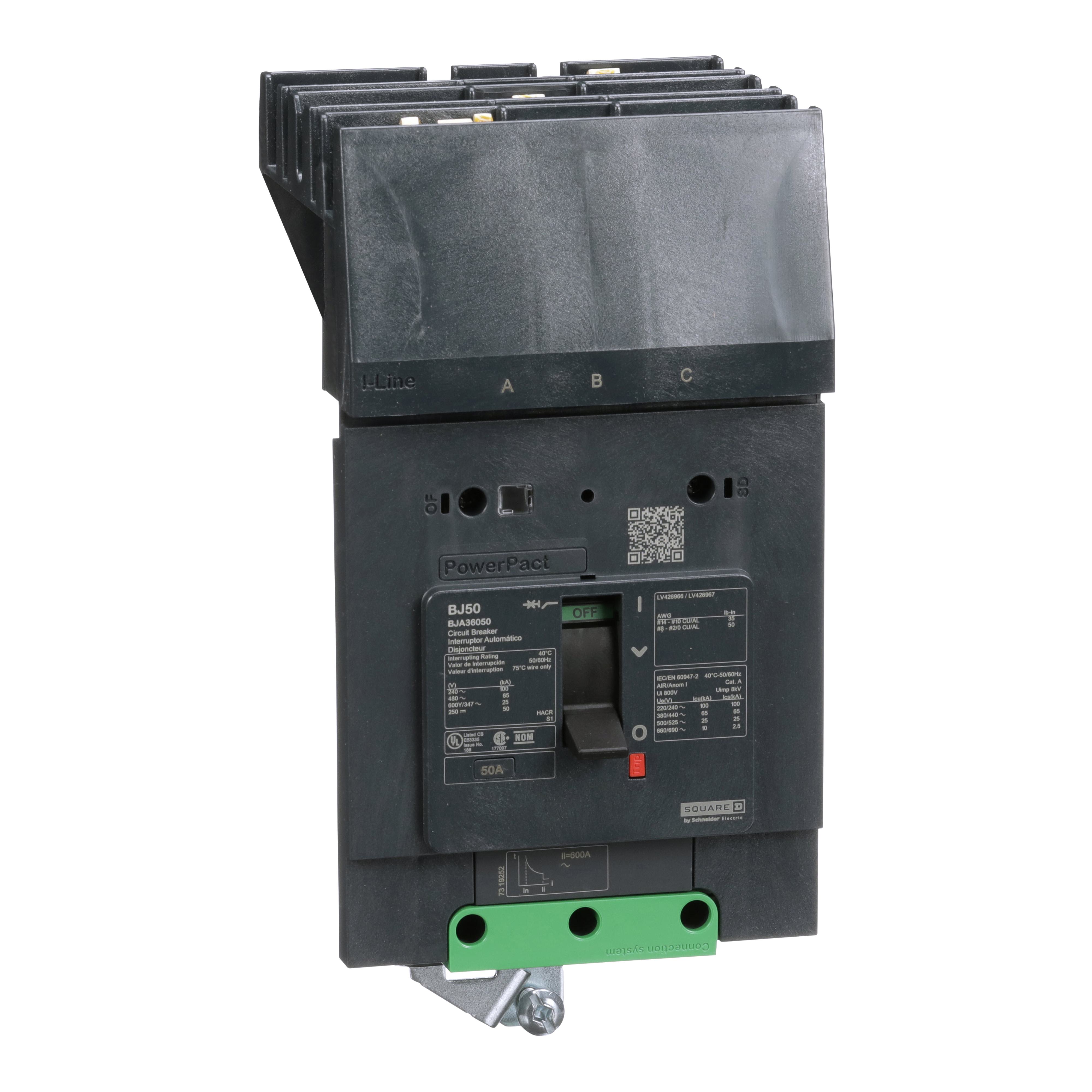 Schneider Electric I-Line™ PowerPact™ BJA36050 Molded Case Circuit Breaker, 600Y/347 V AC, 50 A, 100 kA at 240 V AC, 65 kA at 480 V AC, 25 kA at 600Y/347 V AC Interrupt, 3 Poles, Thermal Magnetic Trip