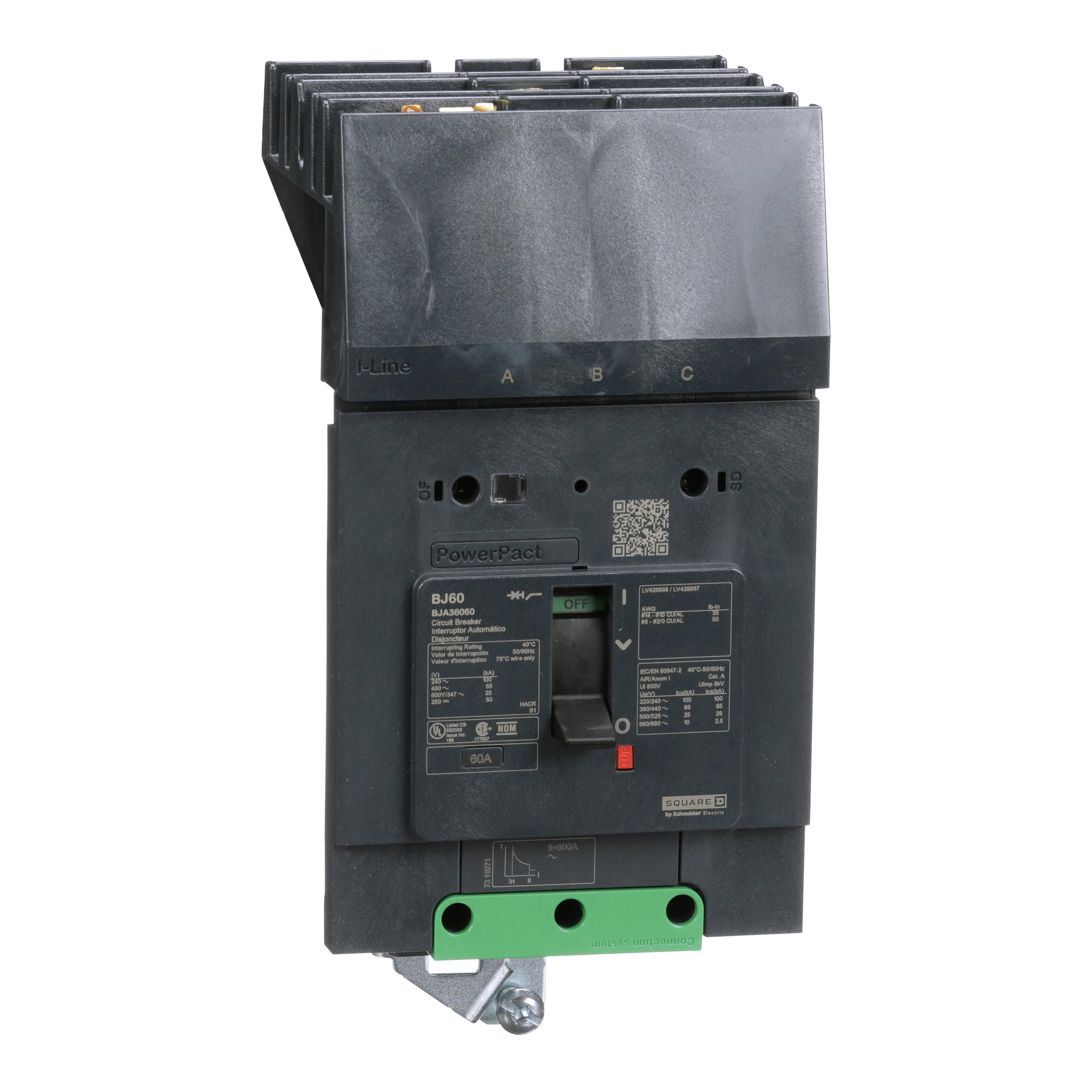 Schneider Electric I-Line™ PowerPact™ BJA36060 Molded Case Circuit Breaker, 480Y/277 V AC, 40 A, 25 kA at 240 V AC, 18 kA at 480 V AC, 14 kA at 600Y/347 V AC Interrupt, 2 Poles, Thermal Magnetic Trip