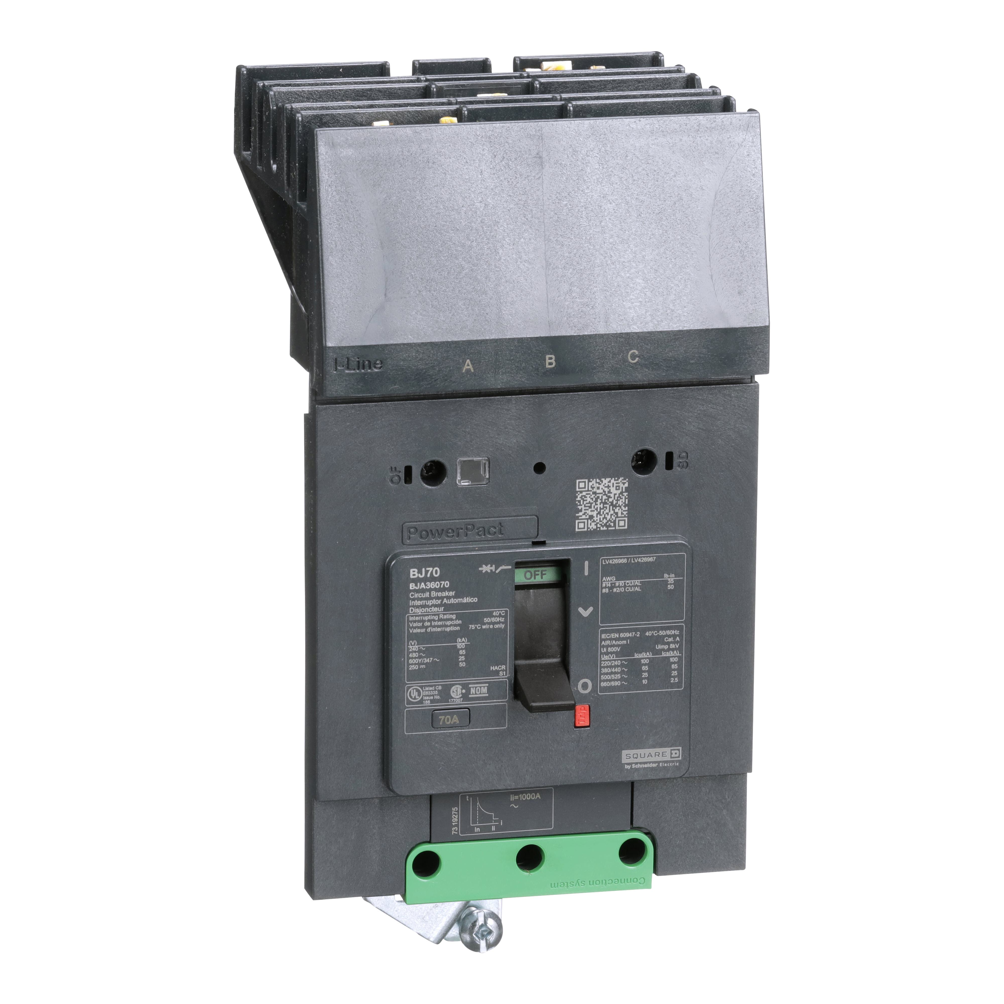Schneider Electric I-Line™ PowerPact™ BJA36070 Molded Case Circuit Breaker, 600Y/347 V AC, 70 A, 100 kA at 240 V AC, 65 kA at 480 V AC, 25 kA at 600Y/347 V AC Interrupt, 3 Poles, Thermal Magnetic Trip