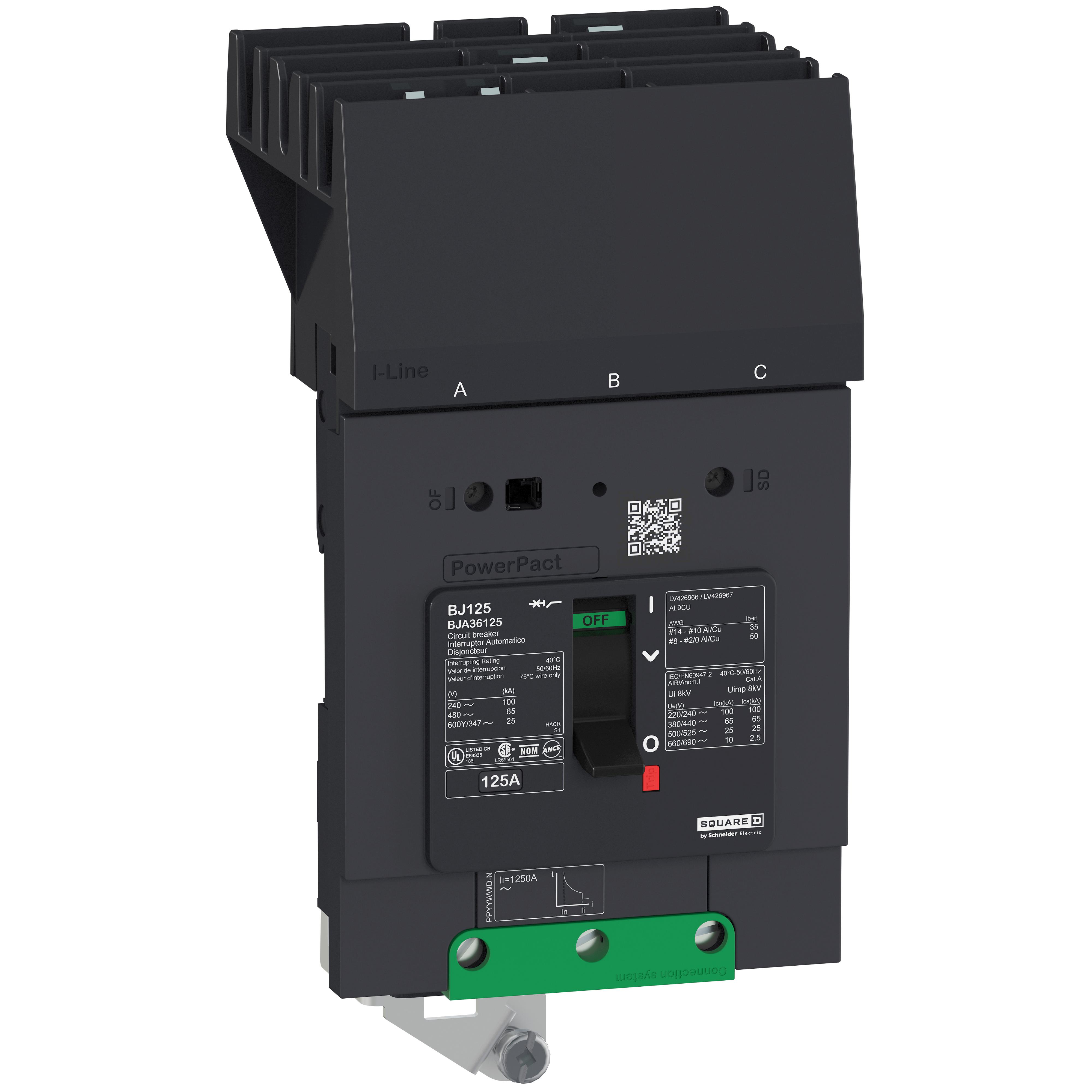 Schneider Electric I-Line™ PowerPact™ BJA36080 Molded Case Circuit Breaker, 600Y/347 V AC, 80 A, 100 kA at 240 V AC, 65 kA at 480 V AC, 25 kA at 600Y/347 V AC Interrupt, 3 Poles, Thermal Magnetic Trip