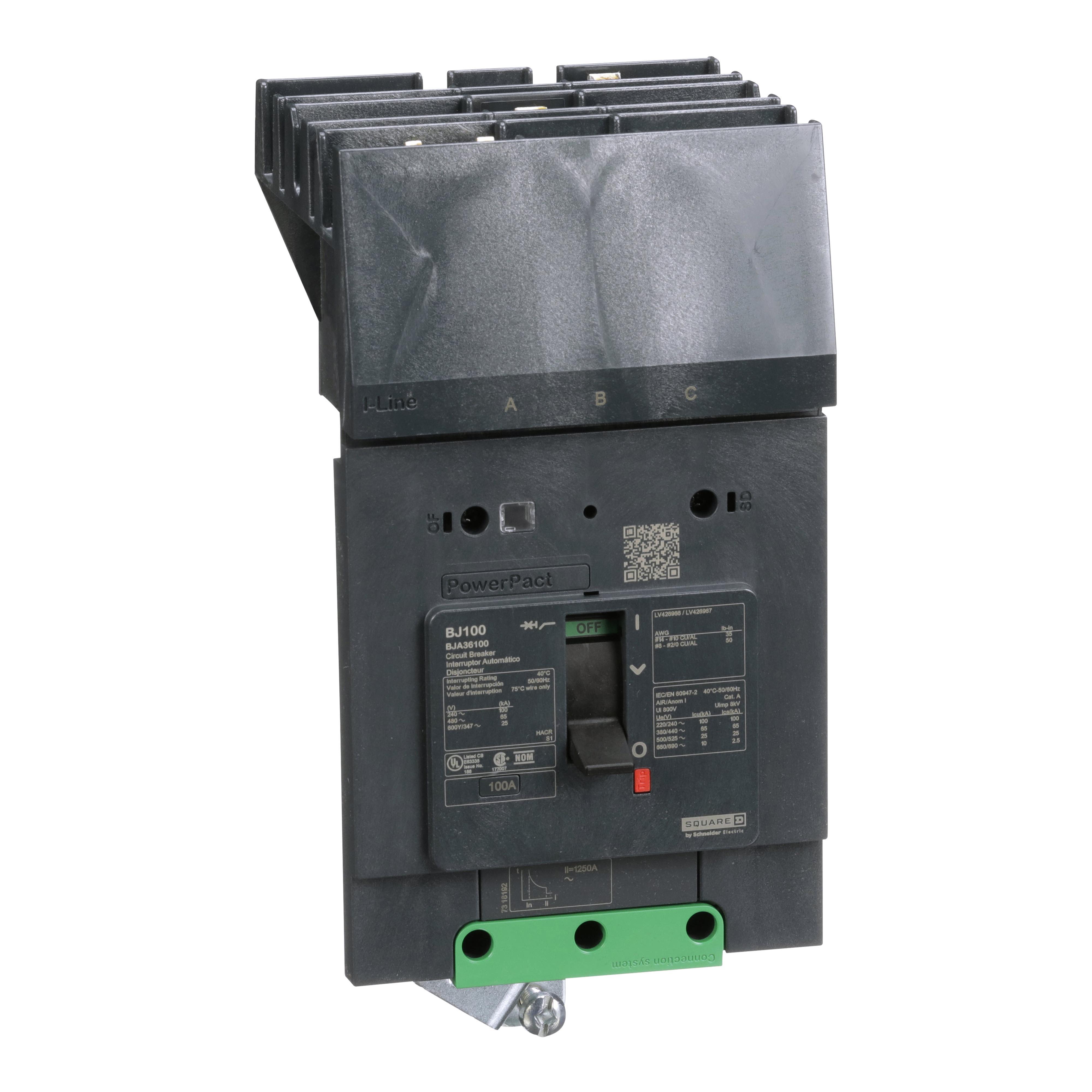 Schneider Electric I-Line™ PowerPact™ BJA36100 Molded Case Circuit Breaker, 480Y/277 V AC, 30 A, 25 kA at 240 V AC, 18 kA at 480 V AC, 14 kA at 600Y/347 V AC Interrupt, 1 Poles, Thermal Magnetic Trip