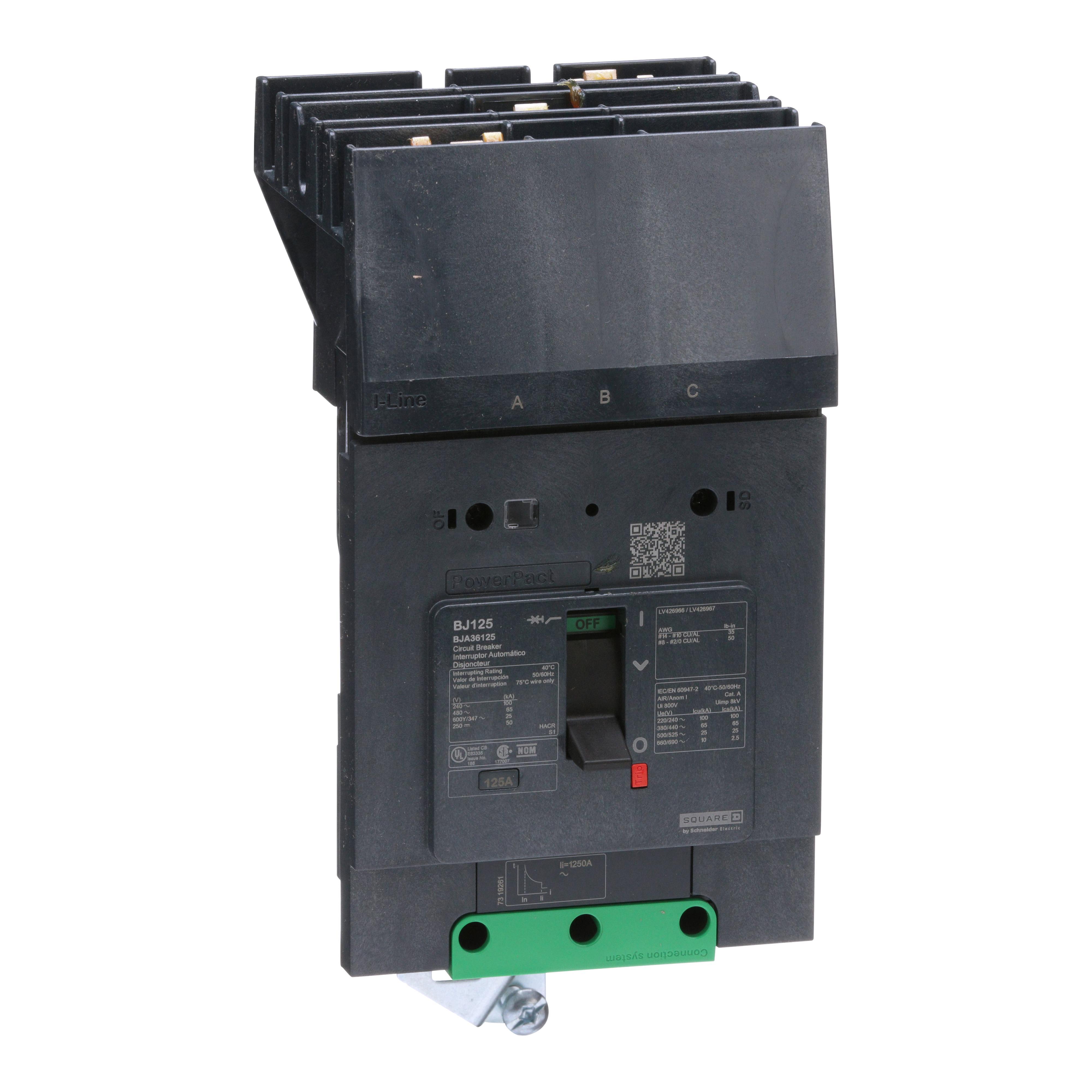 Schneider Electric PowerPact™ I-Line™ BJA36125 Type BJA Molded Case Circuit Breaker, 600Y/347 V AC, 125 A, 25 kA Interrupt, 3 Poles, Thermal Magnetic Trip