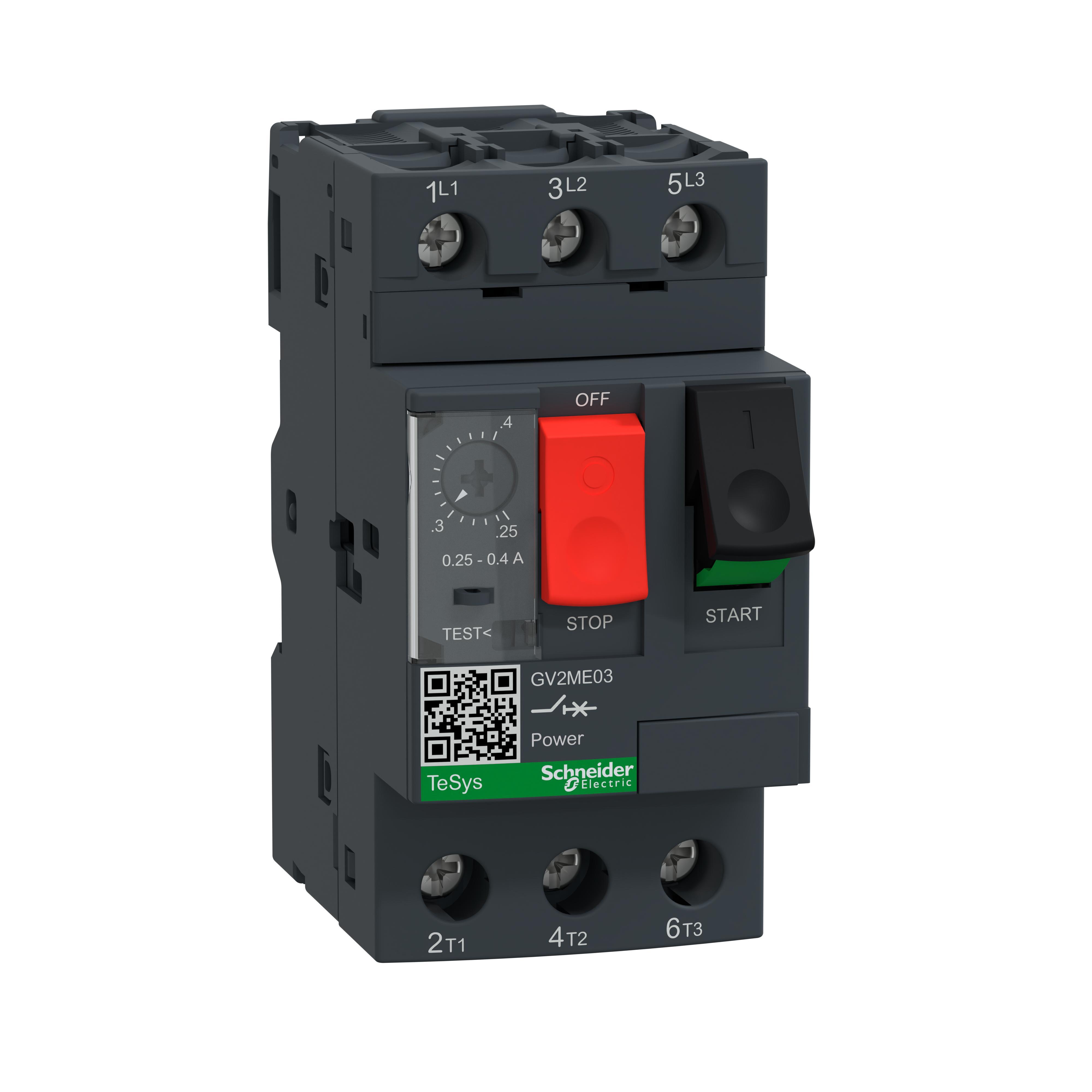 Schneider Electric Square D™ TeSys™ GV2ME03 Non-Reversing Circuit Breaker, 690 V AC, 0.25 to 0.4 A, 100 kA Interrupt, 3 Poles, Thermal Magnetic Trip