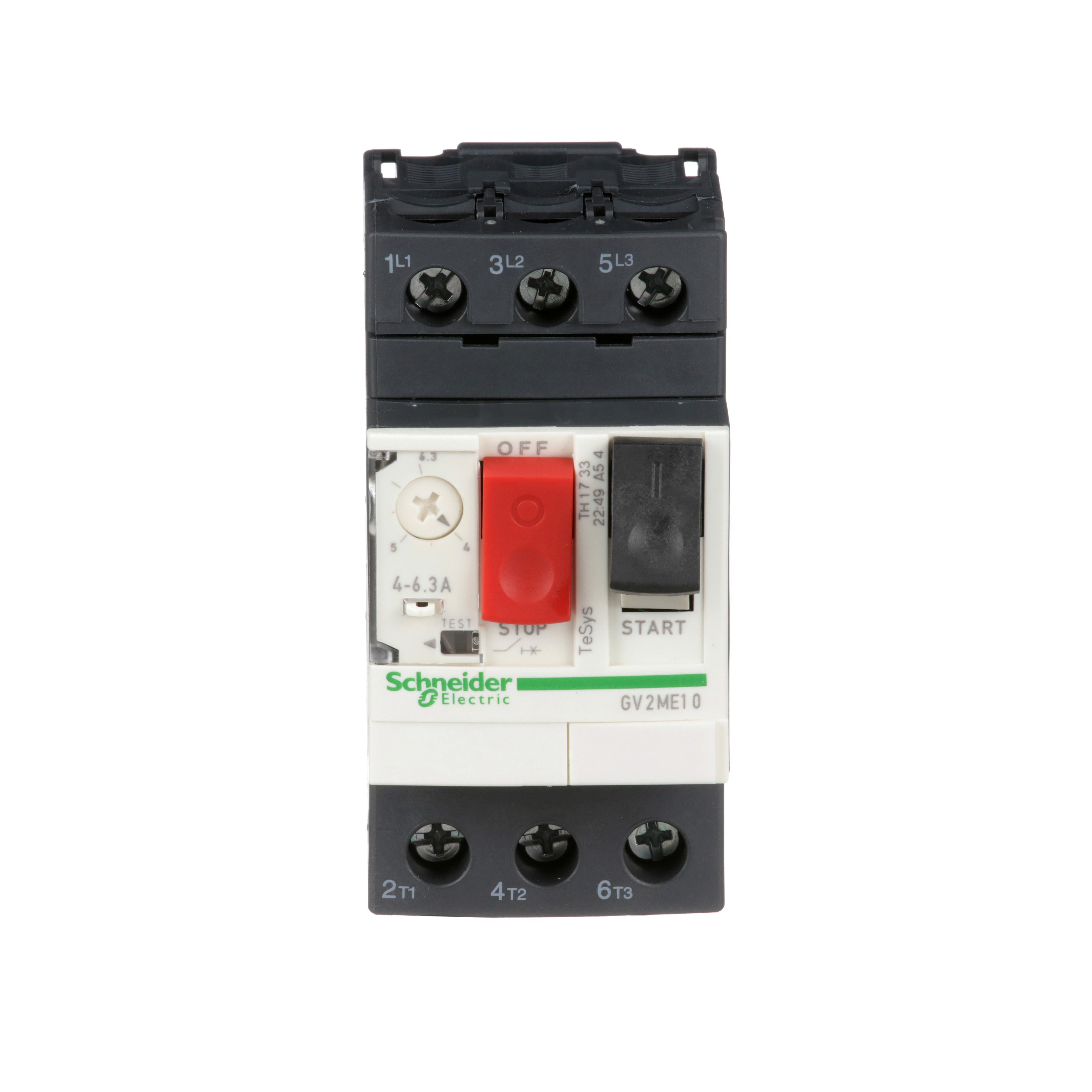 Schneider Electric GV2ME10 GV2 Non-Reversing Metallic 3-Pole Circuit Breaker, 600 V AC, 6 A, 3 kA Interrupt, 3 Poles, Thermal Magnetic Trip