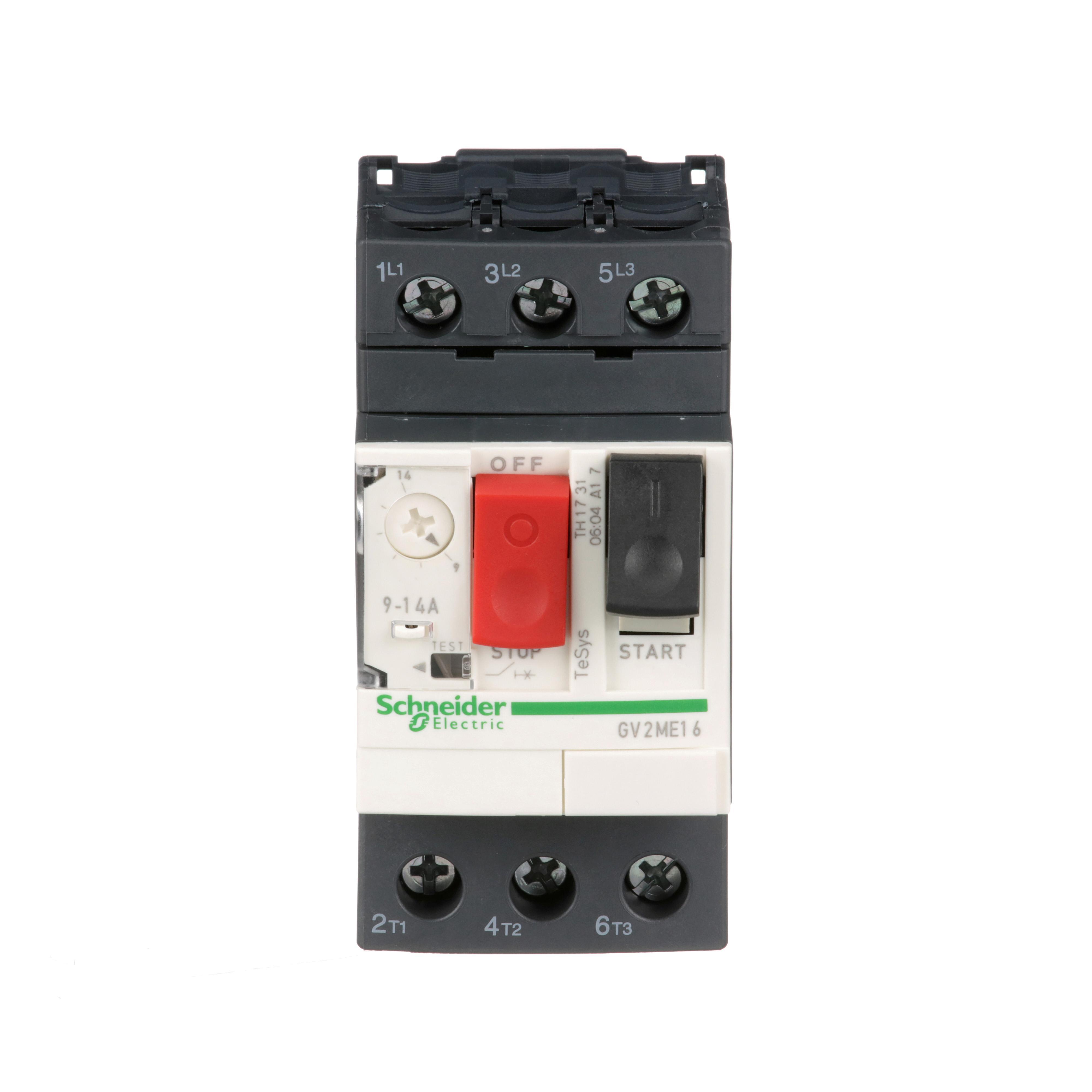 Schneider Electric GV2ME16 GV2 Non-Reversing Metallic 3-Pole Circuit Breaker, 690 V AC, 9 to 14 A, 3 kA Interrupt, 3 Poles, Thermal Magnetic Trip