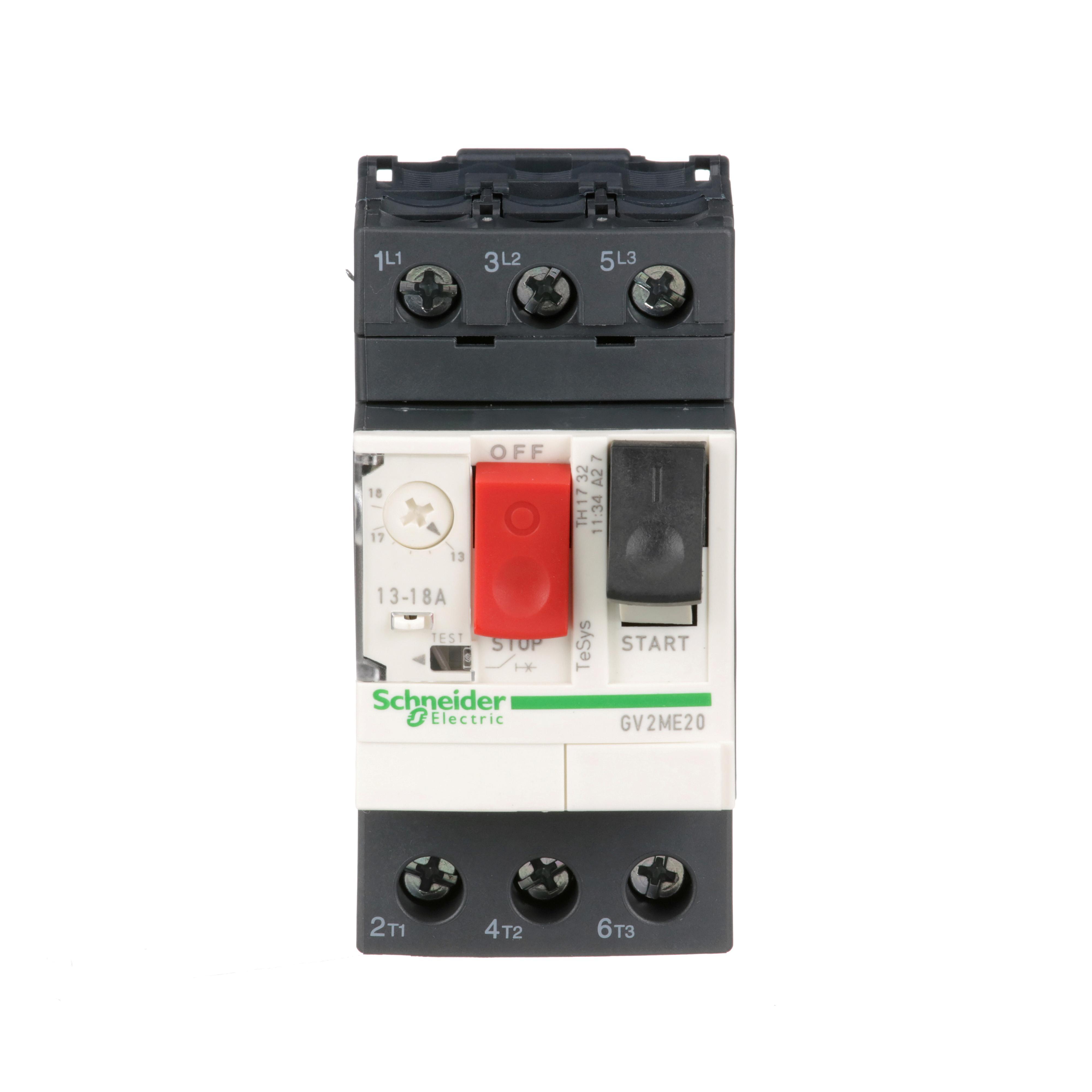 Schneider Electric GV2ME20 GV2 Non-Reversing Metallic 3-Pole Circuit Breaker, 600 V AC, 18 A, 3 kA Interrupt, 3 Poles, Thermal Magnetic Trip
