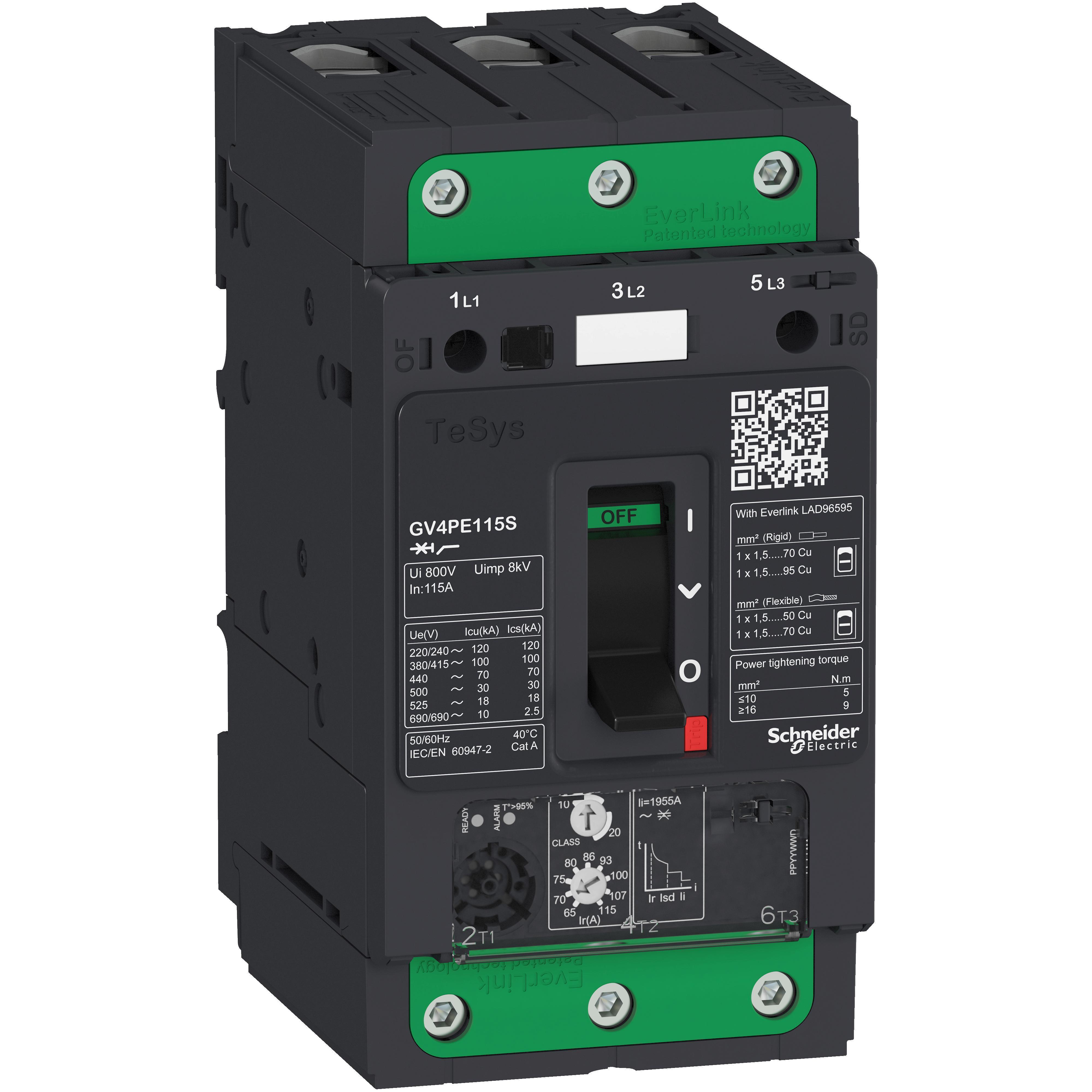 Schneider Electric GV4PE115S TeSys Deca Circuit Breaker, 690 to 800 V AC, 115 A, 100 kA Interrupt, 3 Poles