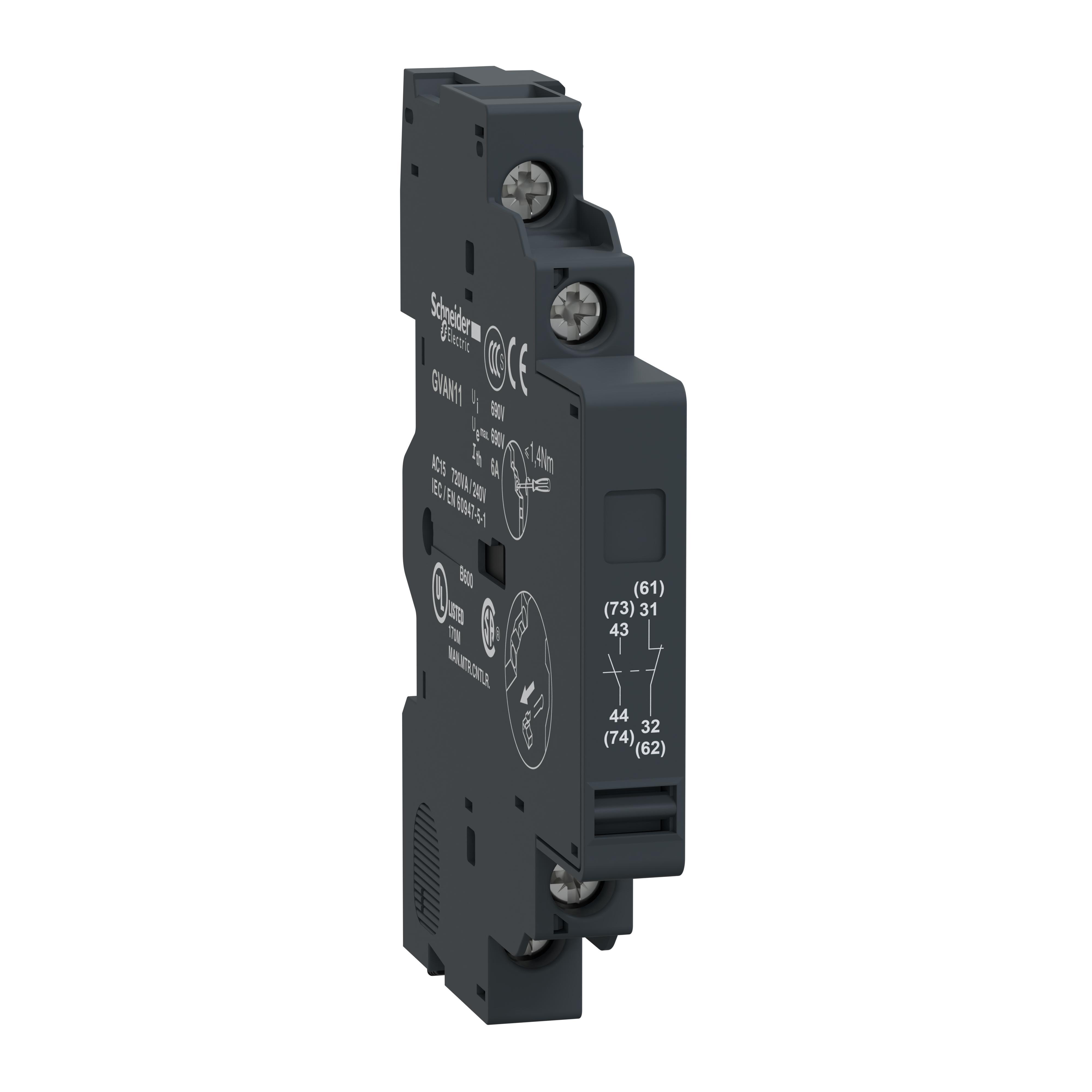 Schneider Electric GVAN11 TeSys® Reset Type Auxiliary Contact Block, 690 V AC/240 V DC, 6 A, 1 Contacts, For Use With GV2 and GV3 Manual Starter and Protector, Clamp Terminal Connection