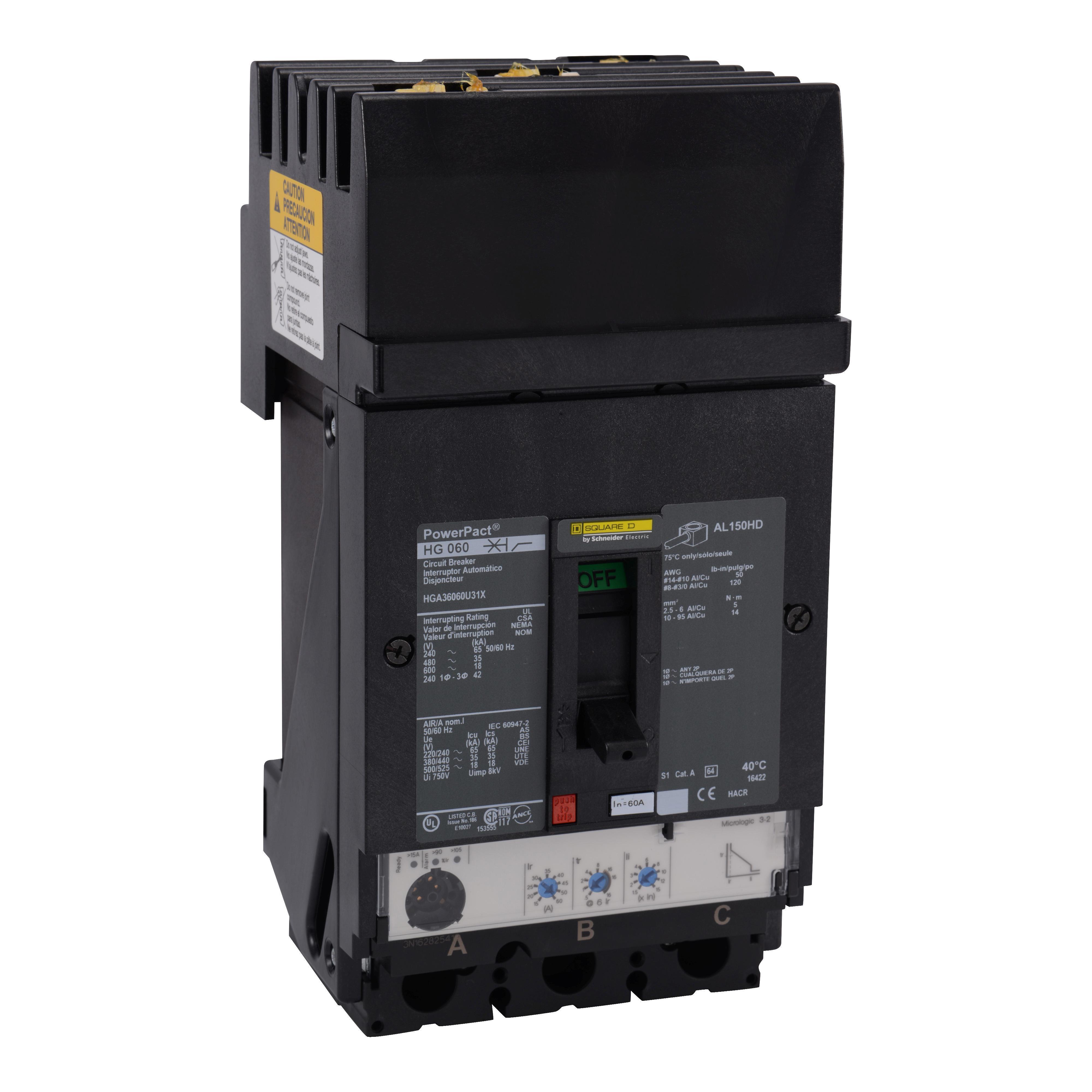 Schneider Electric I-Line™ PowerPact™ HGA36060U31X Type HGA Molded Case Circuit Breaker, 600 V AC, 60 A, 65 kA at 240 V AC/35 kA at 480 V AC/18 kA at 600 V AC/20 kA at 250/500 VDC Interrupt, 3 Poles, Electronic Trip