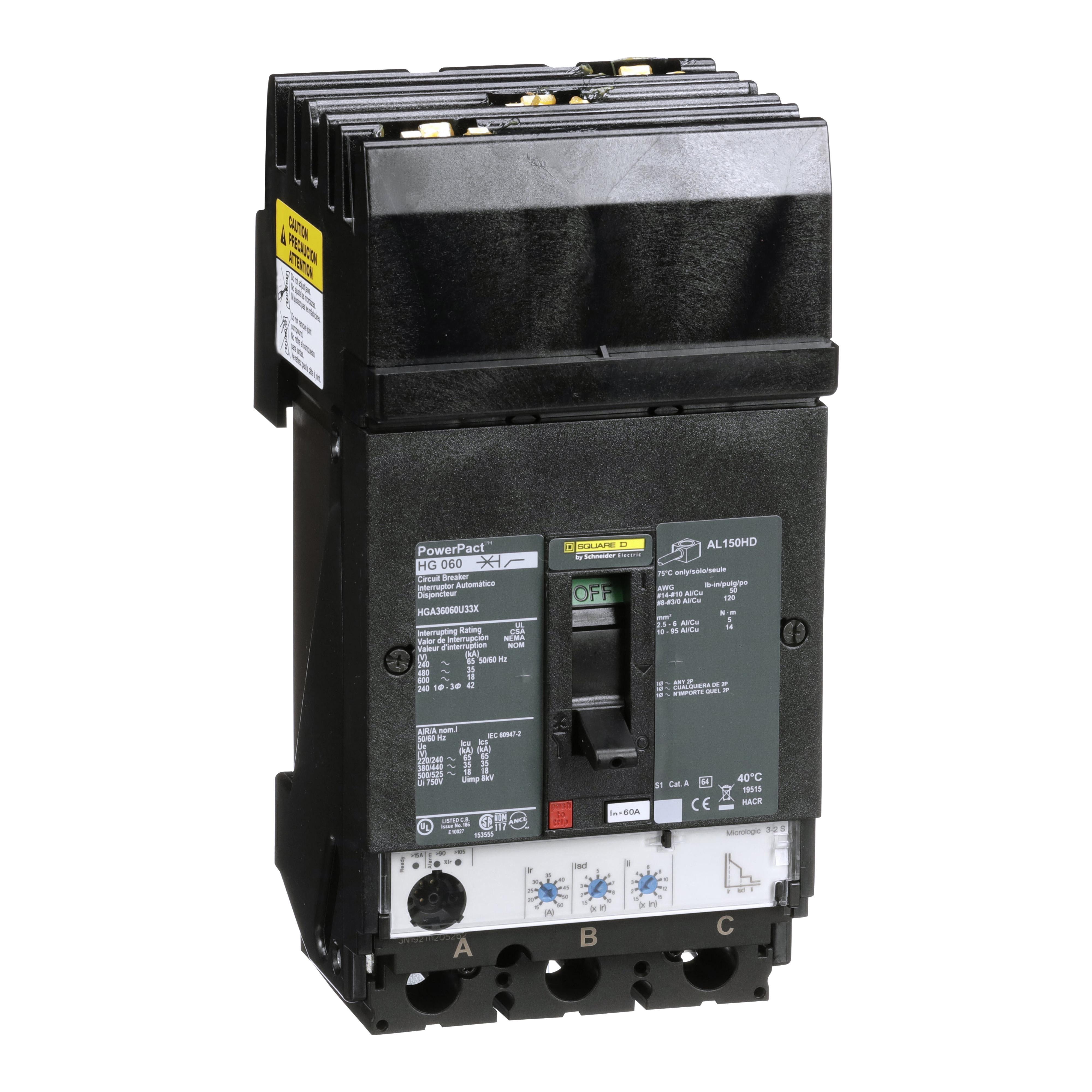 Schneider Electric Square D™ PowerPact™ H HGA36060U33X Molded Case Circuit Breaker, 600 V AC, 60 A, 18 kA Interrupt, 3 Poles, Electronic Trip