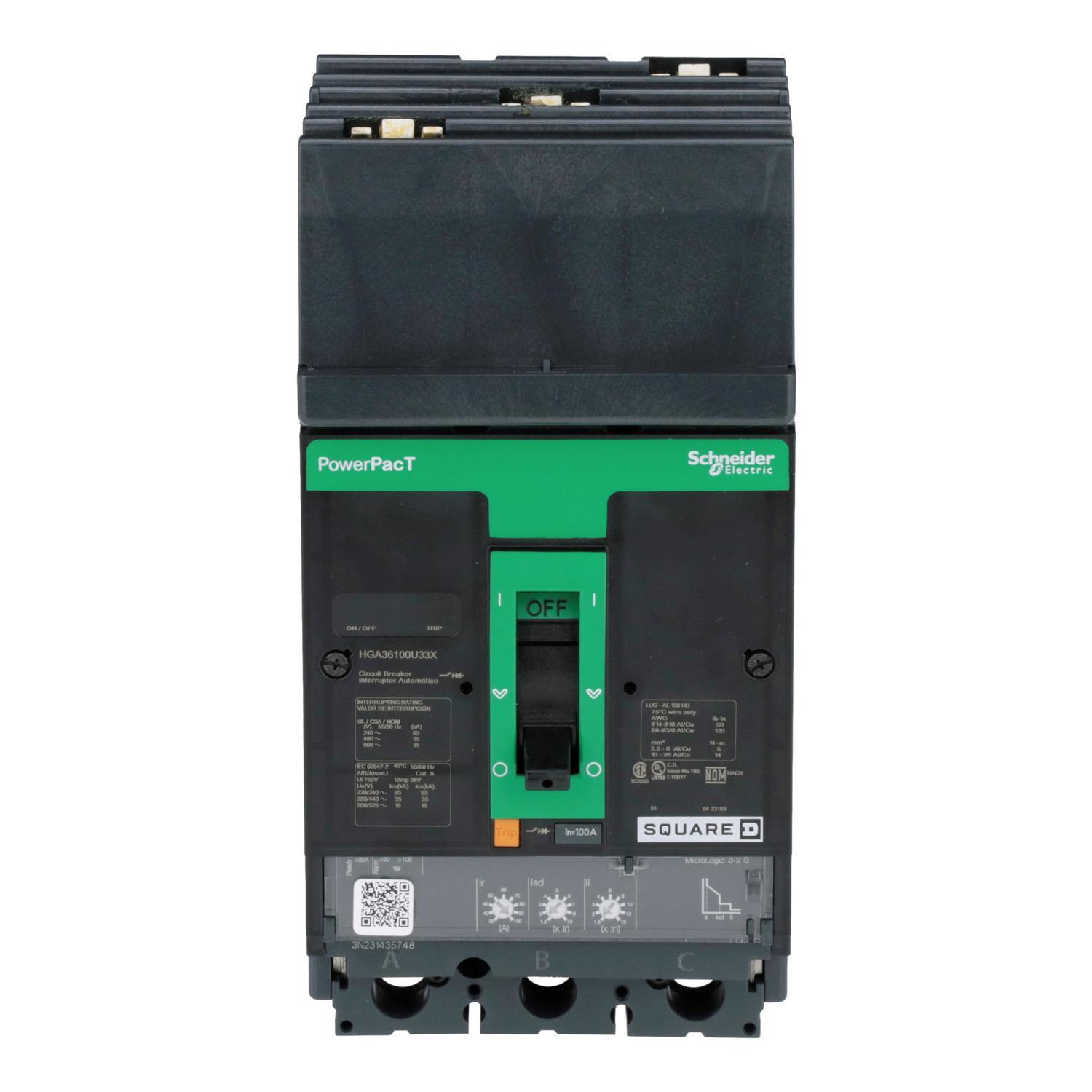 Schneider Electric Square D™ PowerPact™ HGA36100U33X Molded Case Circuit Breaker, 600 V AC, 100 A, 18 kA Interrupt, 3 Poles, Electronic Trip