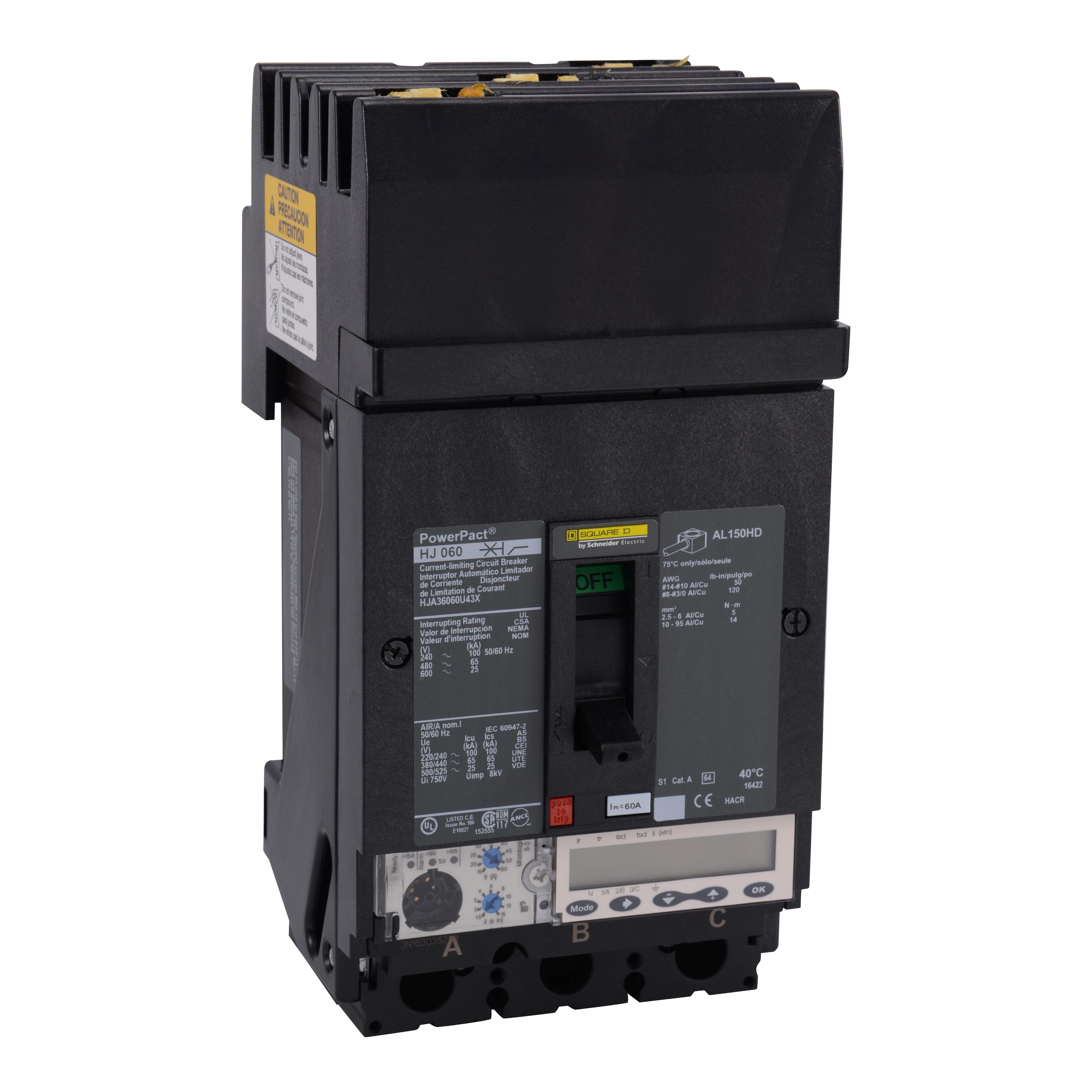Schneider Electric I-Line™ PowerPact™ H HJA36060U43X Type HJA Molded Case Circuit Breaker, 600 V AC, 60 A, 25/65/100 kA Interrupt, 3 Poles, Electronic Trip