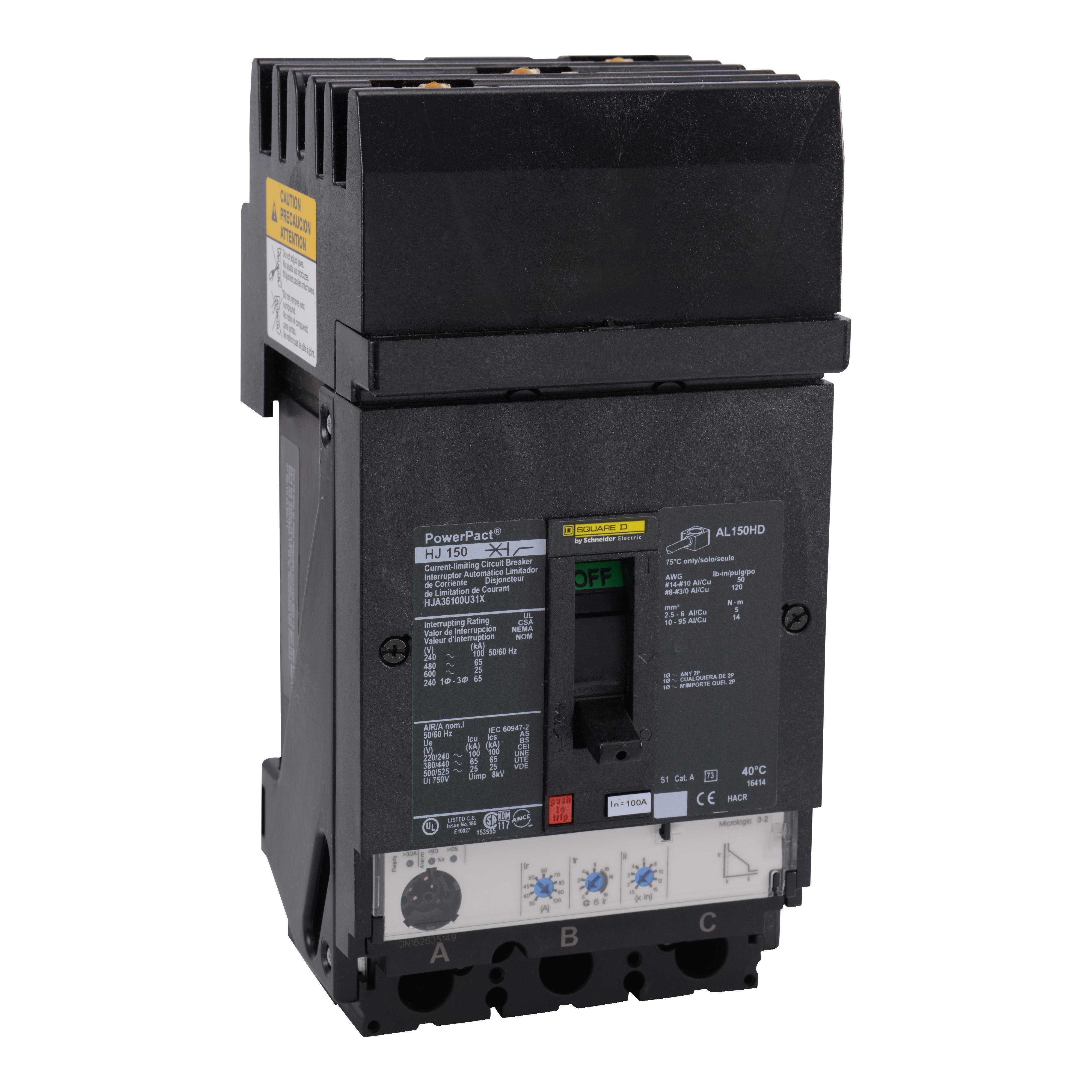 Schneider Electric I-Line™ PowerPact™ HJA36100U31X Type HJA Molded Case Circuit Breaker, 600 V AC, 100 A, 100 kA at 240 V AC/65 kA at 480 V AC/25 kA at 600 V AC/20 kA at 250 VDC Interrupt, 3 Poles, Electronic Trip