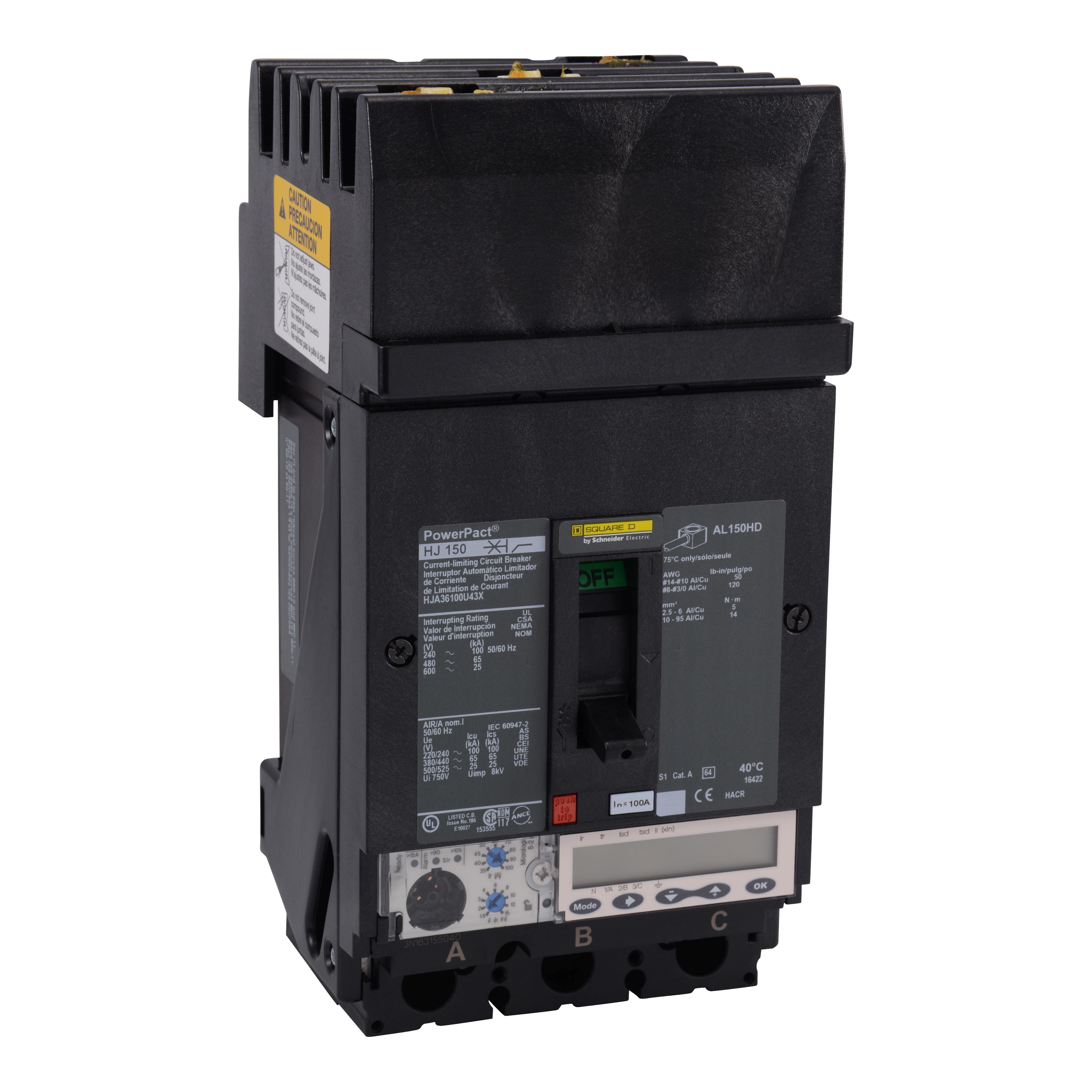 Schneider Electric I-Line™ PowerPact™ HJA36100U43X Type HJA Molded Case Circuit Breaker, 600 V AC, 100 A, 100 kA at 240 V AC/65 kA at 480 V AC/25 kA at 600 V AC/20 kA at 250 VDC Interrupt, 3 Poles, Electronic Trip