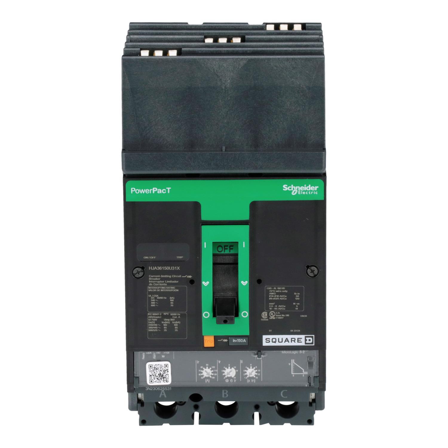 Schneider Electric I-Line™ PowerPact™ HJA36150U31X Type HJA Molded Case Circuit Breaker, 600 V AC, 150 A, 100 kA at 240 V AC/65 kA at 480 V AC/25 kA at 600 V AC/20 kA at 250 VDC Interrupt, 3 Poles, Electronic Trip