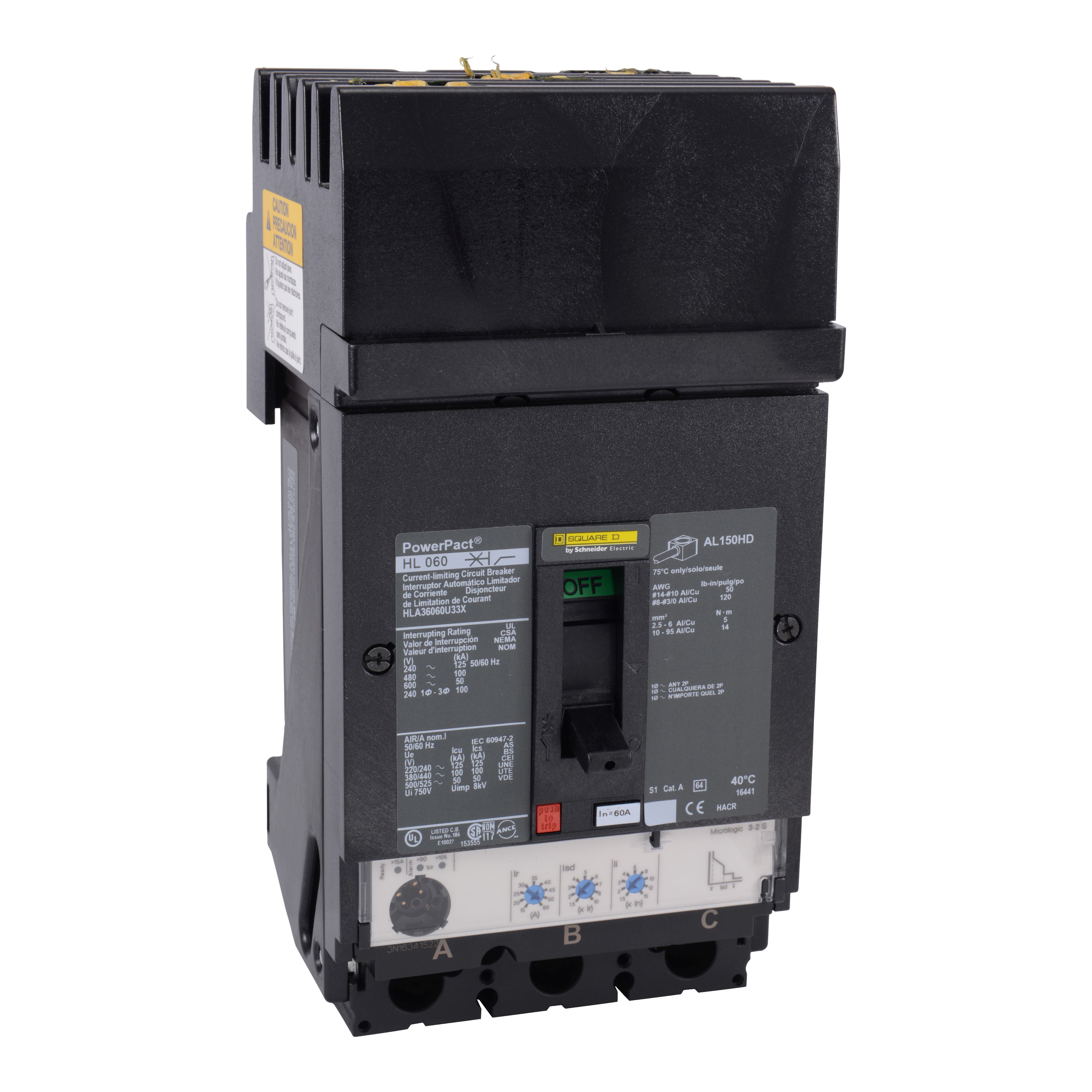 Schneider Electric Square D™ PowerPact™ H HLA36060U33X Molded Case Circuit Breaker, 600 V AC, 60 A, 50 kA Interrupt, 3 Poles, Electronic Trip