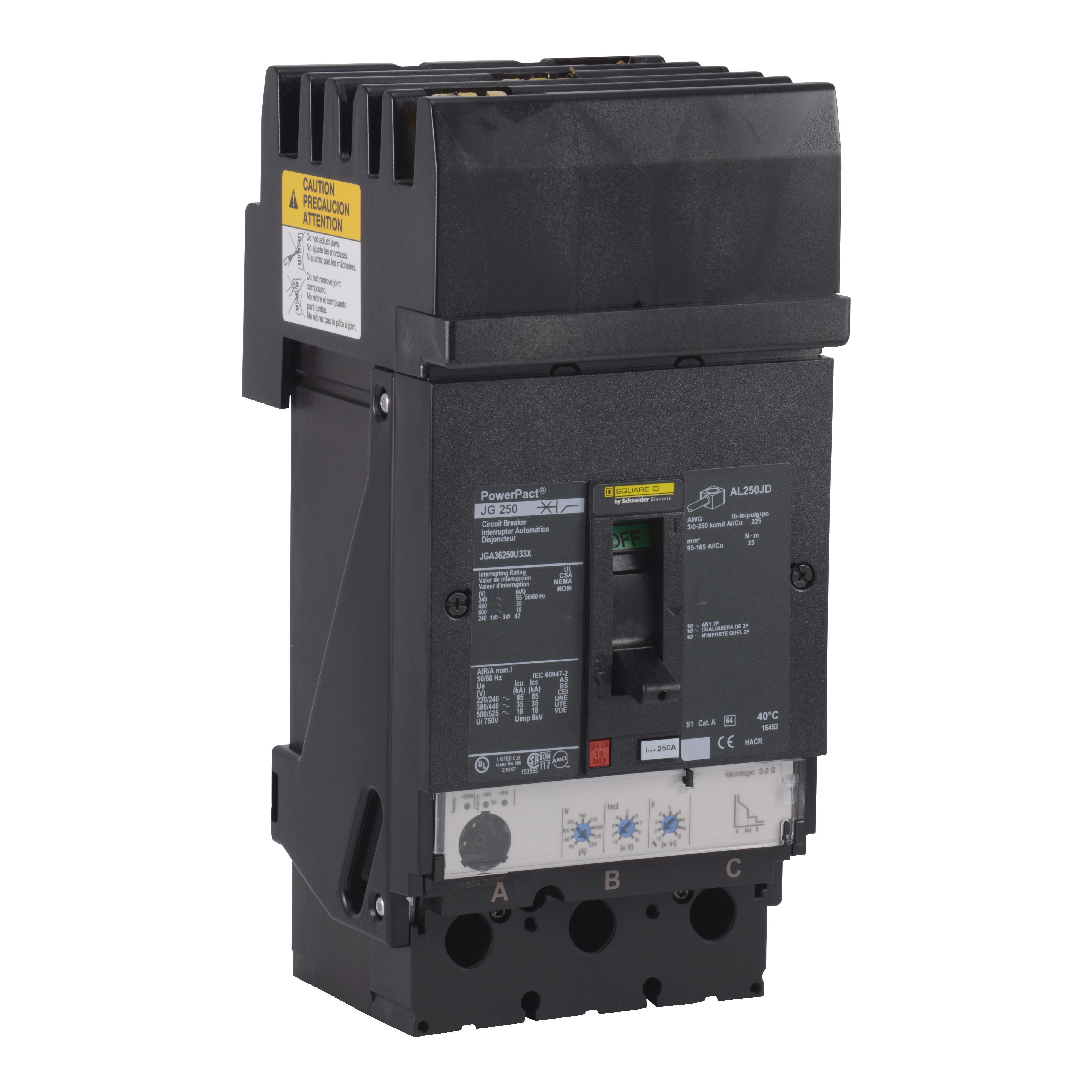 Schneider Electric I-Line™ PowerPact™ J JGA36250U33X 80% Rated Molded Case Circuit Breaker, 600 V AC, 250 A, 65 kA at 240 V AC/35 kA at 480 V AC/18 kA at 600 V AC/20 kA at 250/500 VDC Interrupt, 3 Poles, Electronic Trip
