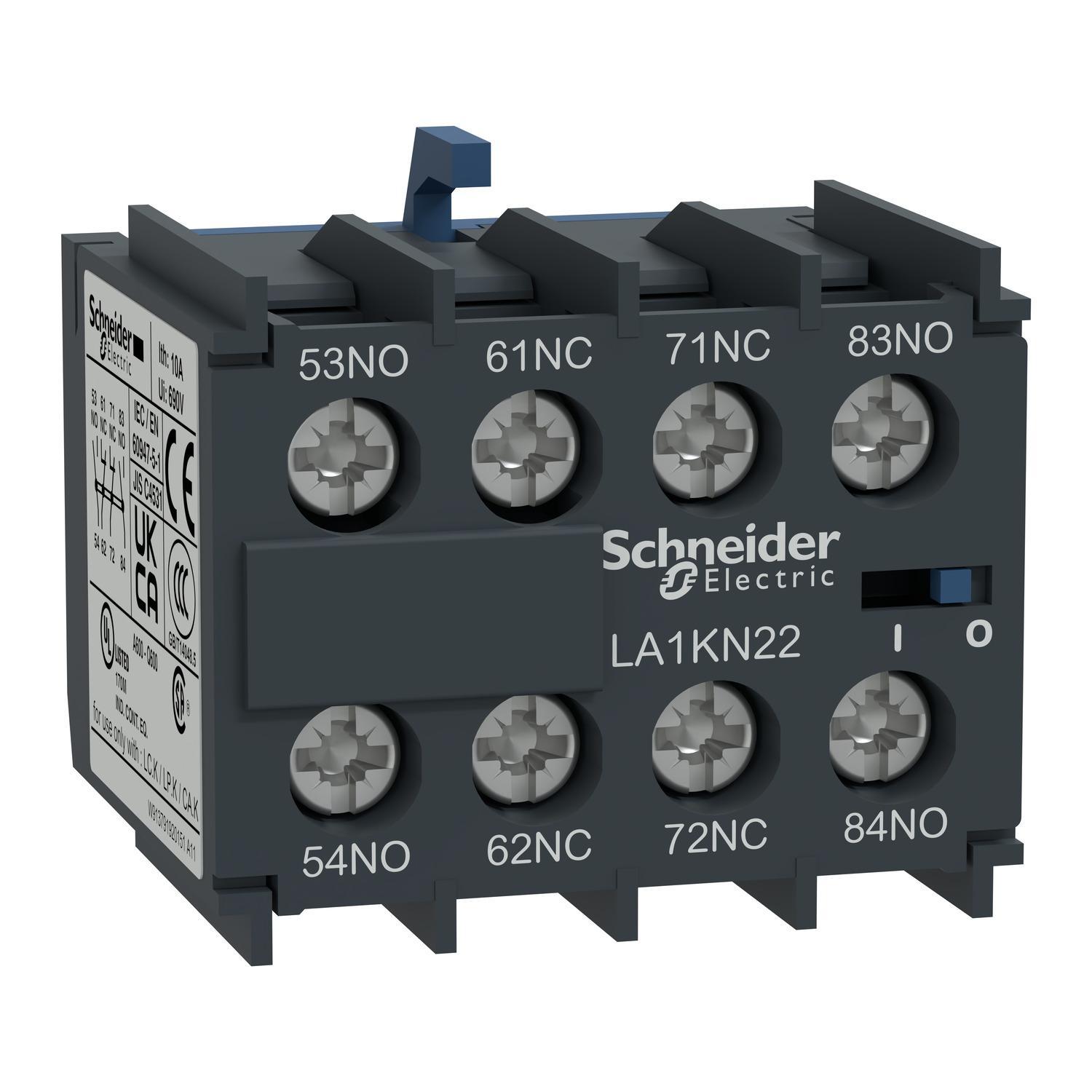 Schneider Electric LA1KN22 LA1K Instantaneous Operation Auxiliary Contact Block, 600 V AC, 10 A, 2NO-2NC Contacts