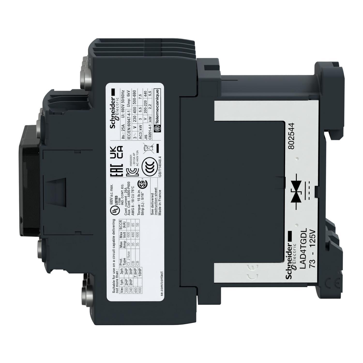 Schneider Electric TeSys™ D LC1D1286G7 Non-Reversing IEC Contactor With Safety Cover, 120/690 V AC, 300 V DC V Coil, 25 A, 2NO-2NC Contact, 4 Poles
