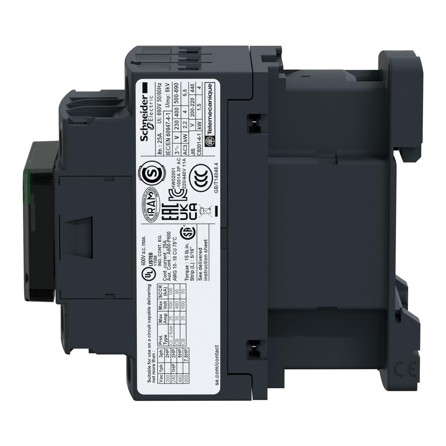 Schneider Electric Square D™ TeSys™ D LC1D12M7 Direct On-Line Standard IEC Contactor, 220/690 V AC, 300 V DC V Coil, 12/25 A, 3NO Contact, 3 Poles