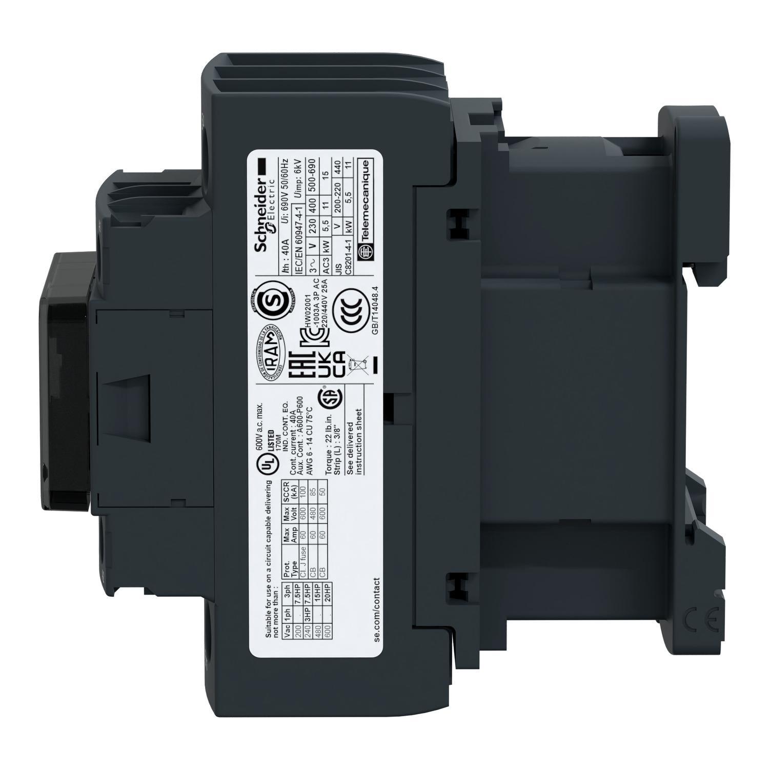 Schneider Electric Square D™ LC1D38BL TeSys™ D LC1D Non-Reversing IEC Contactor With Safety Cover, 24 V DC V Coil, 38/50 A, 3NO Contact, 3 Poles