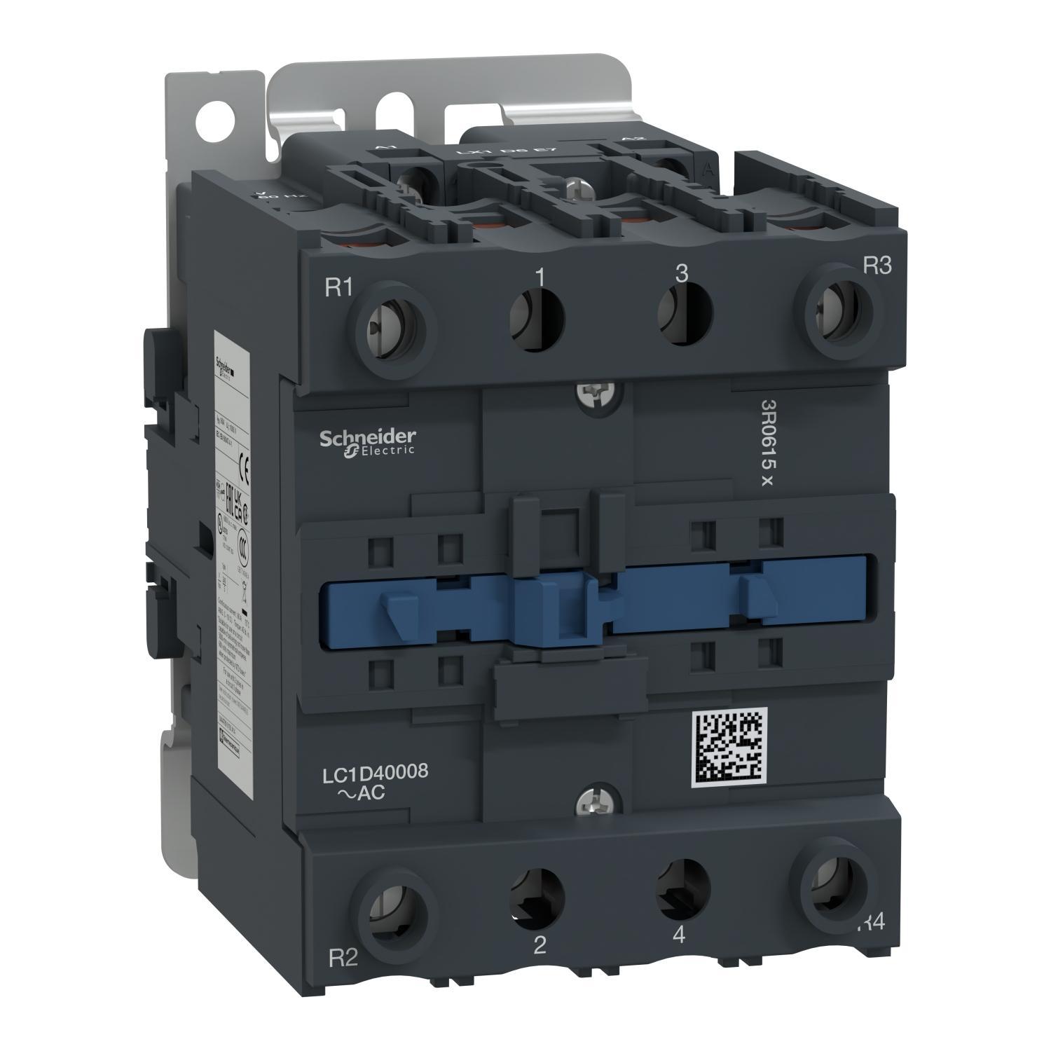 Schneider Electric TeSys™ D LC1D40008G6 D-Line LC1D IEC Contactor, 120/690 V AC, 300 V DC V Coil, 60 A, 2NO-2NC Contact, 4 Poles
