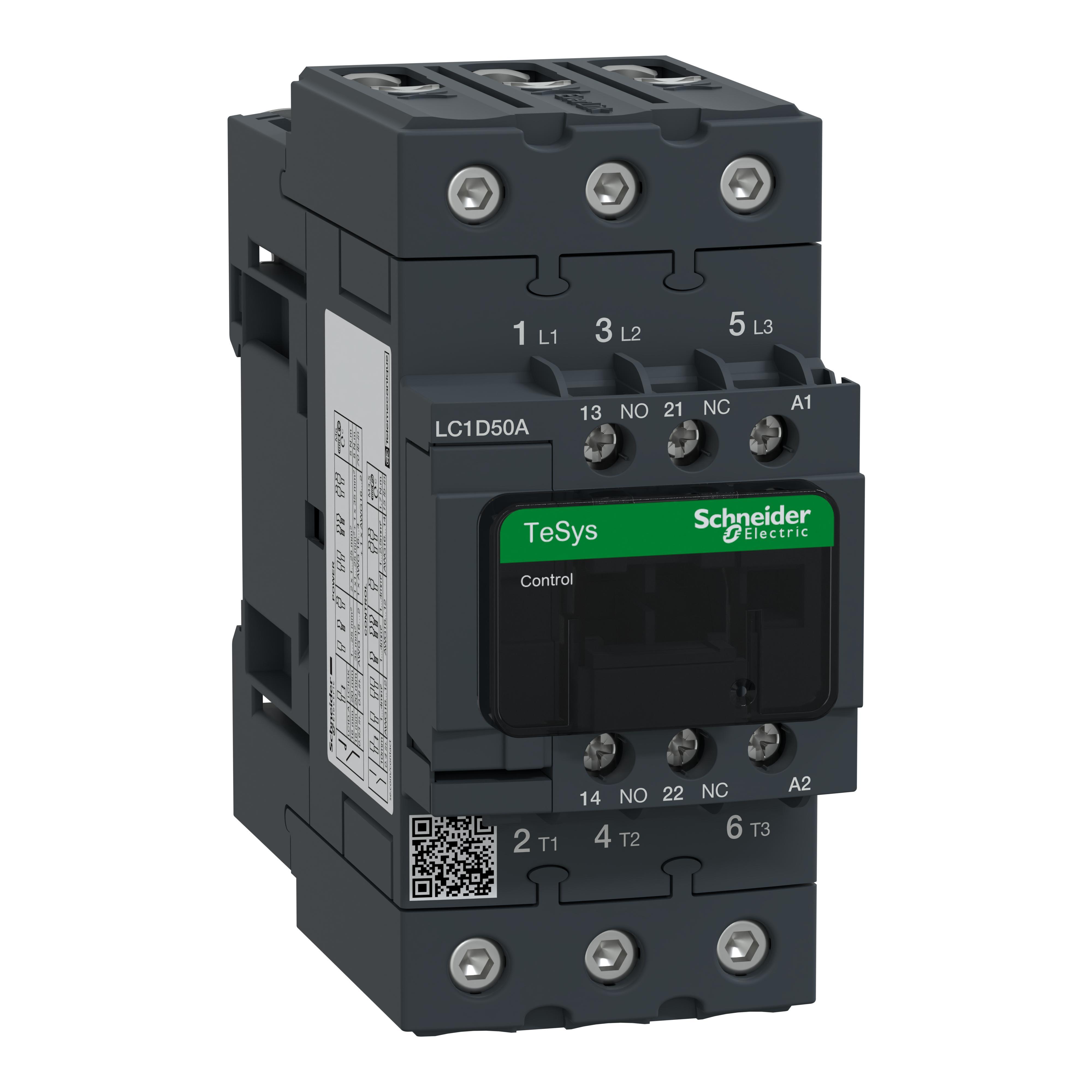 Schneider Electric EverLink Square D™ TeSys™ D LC1D50AU7 D-Line Standard IEC Contactor With Protective Cover, 240/690 V AC, 300 V DC V Coil, 50/80 A, 3NO Contact, 3 Poles