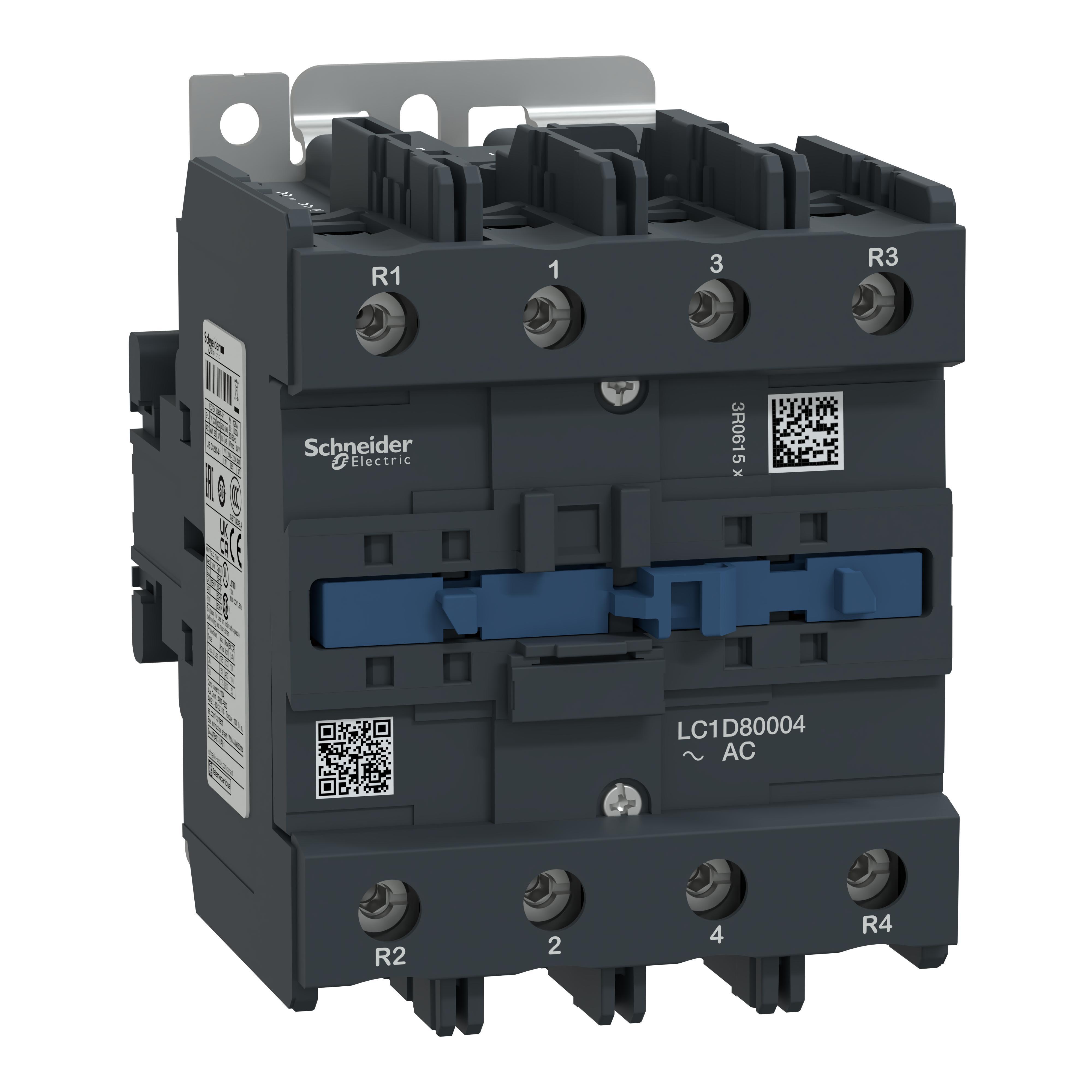 Schneider Electric Square D™ TeSys™ D LC1D80004G7 Contactor, 120 V AC V Coil, 125 A, 4NO Contact, 4 Poles