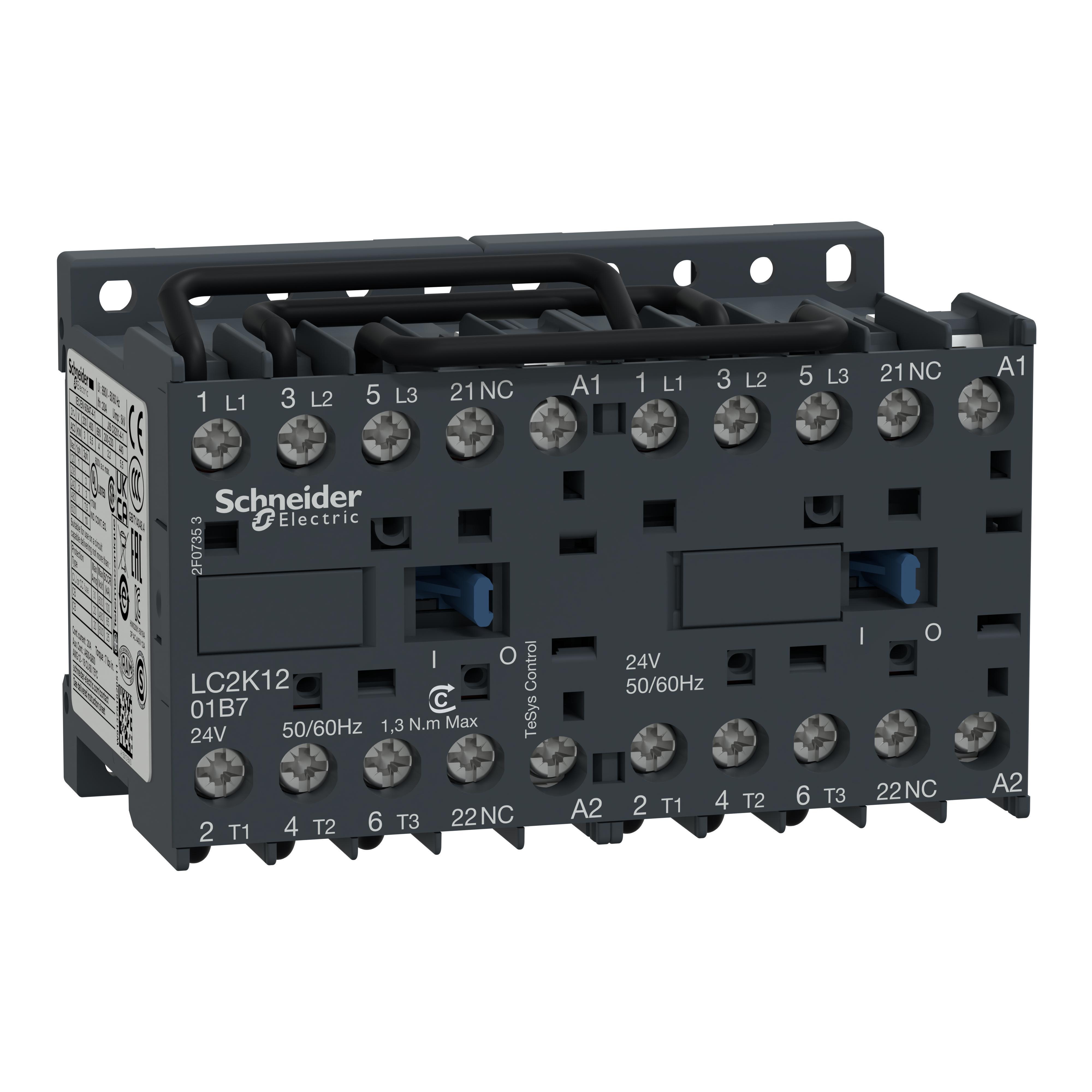 Schneider Electric LC2K1201B7 TeSys™ K LC2K Reversing Miniature IEC Contactor, 24 V AC V Coil, 12/16/20 A, 3NO Contact, 3 Poles