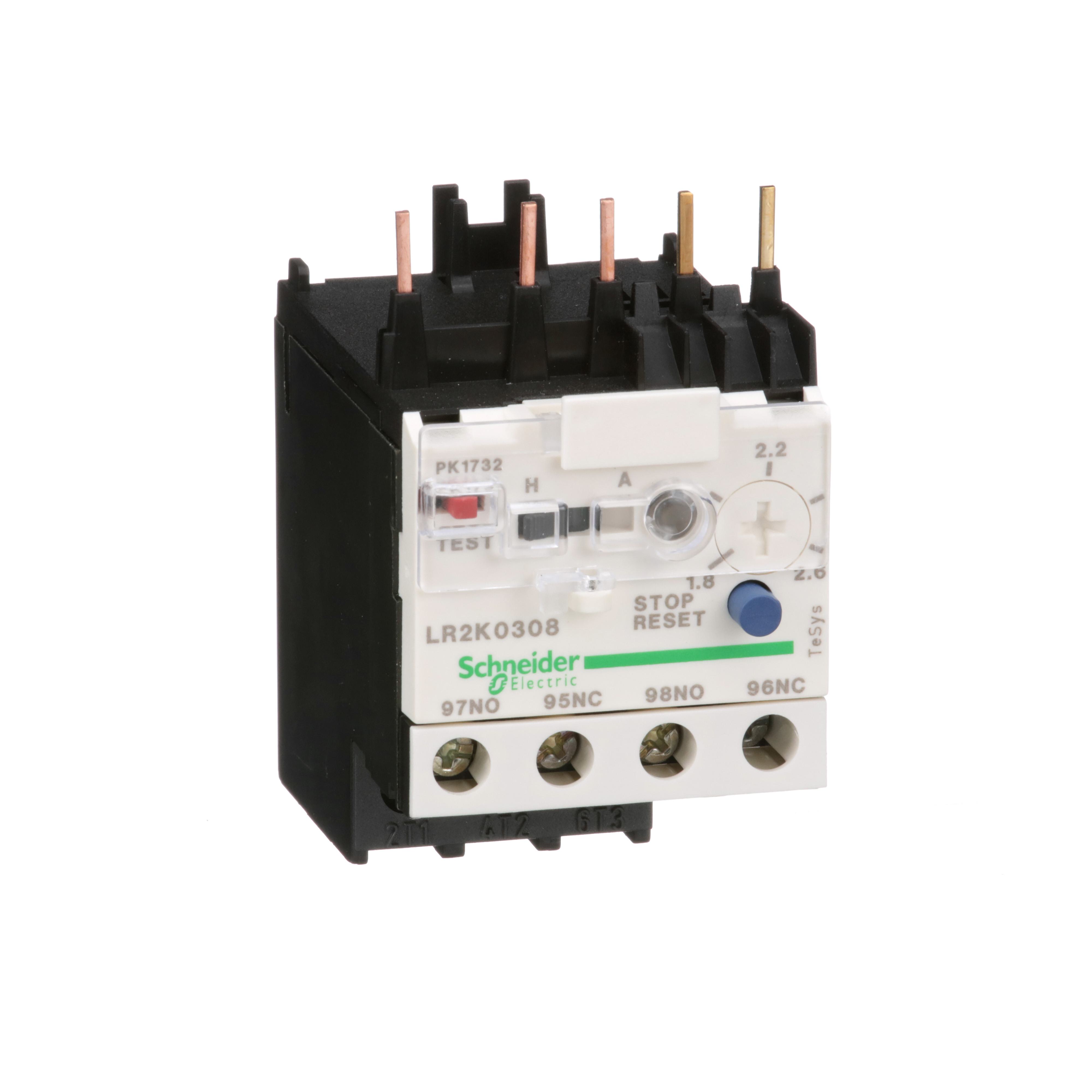 Schneider Electric TeSys® LR2K0308 K-Line Bi-Metallic Thermal Overload Relay, 1.8 to 2.6 A, 1NO-1NC 1 Form A/1 Form B Contact