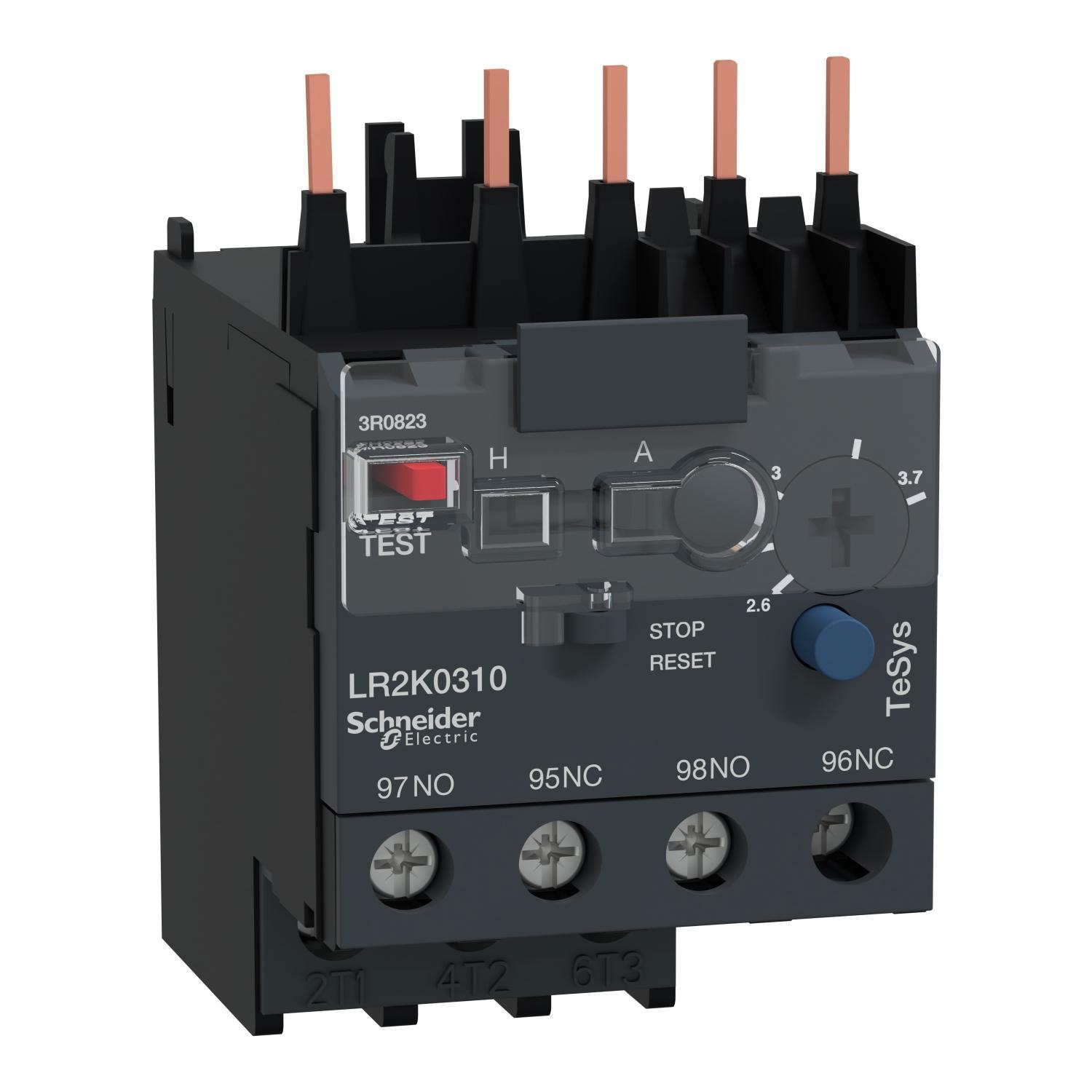 Schneider Electric TeSys® LR2K0310 K-Line Bi-Metallic Thermal Overload Relay, 2.6 to 3.7 A, 1NO-1NC 1 Form A/1 Form B Contact