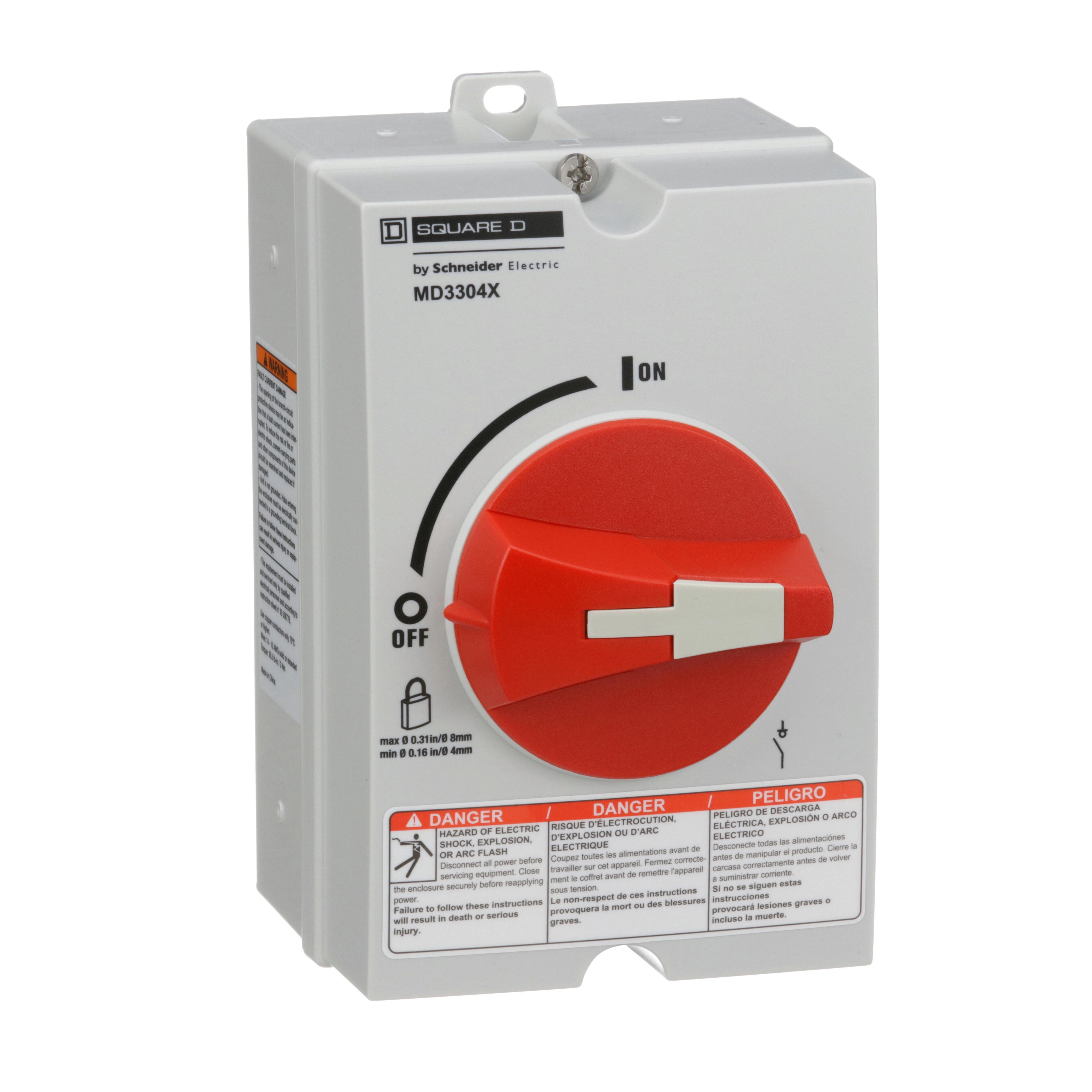 Schneider Electric Square D™ MD3304X Motor Disconnect Switch, 600 V AC, 30 A, 7-1/2 hp, 20 hp, 25 hp, 3 Poles