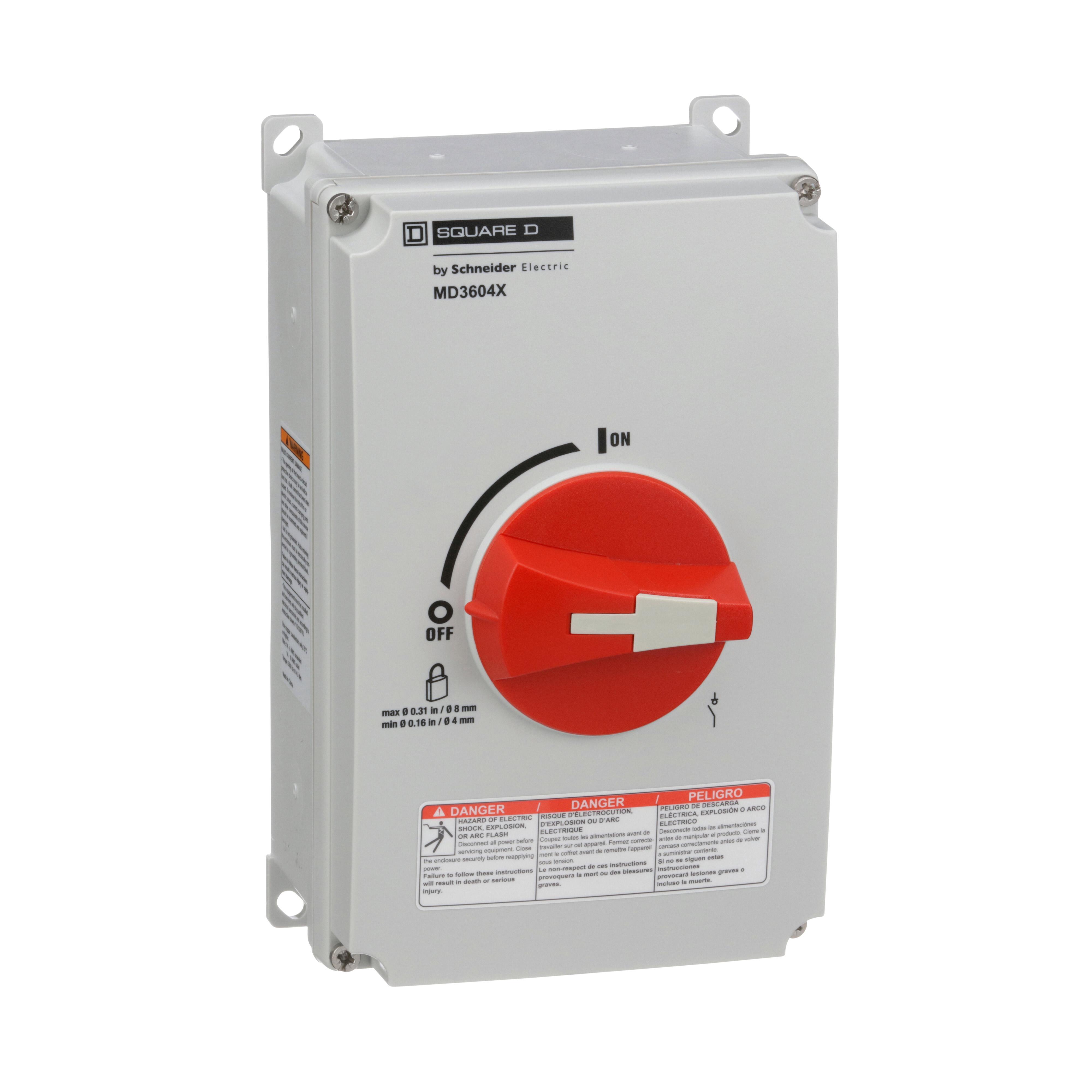 Schneider Electric MD3604X Motor Disconnect Switch, 220 to 600 V AC, 60 A, 20 hp, 40 hp, 3 Poles