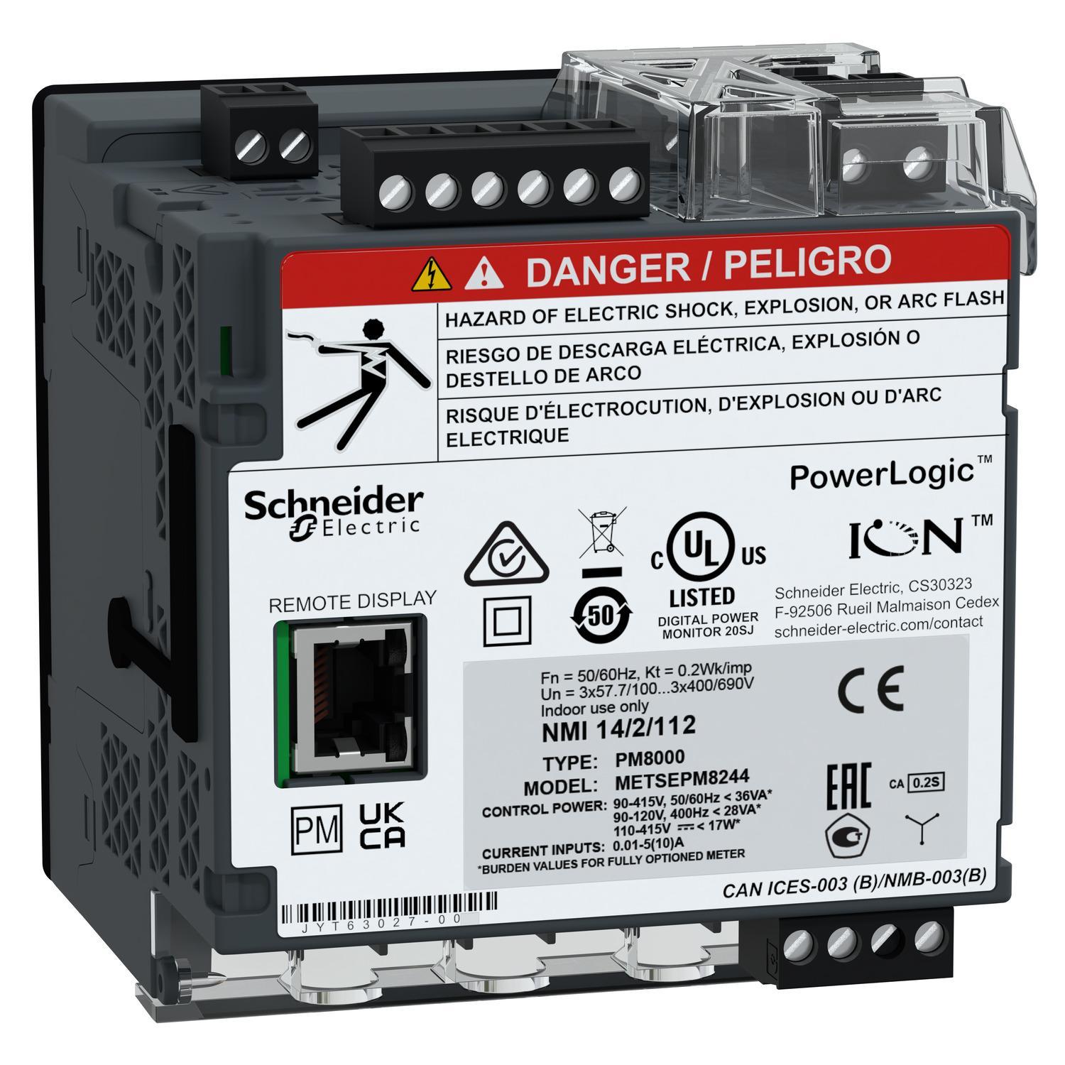 Schneider Electric PowerLogic® METSEPM8244 PM8000 Power Meter With Remote Display, 90 to 415 V AC/110 to 415 V DC, 1/5/10 A, 50/60 Hz, 18 to 36 VA Power Rating
