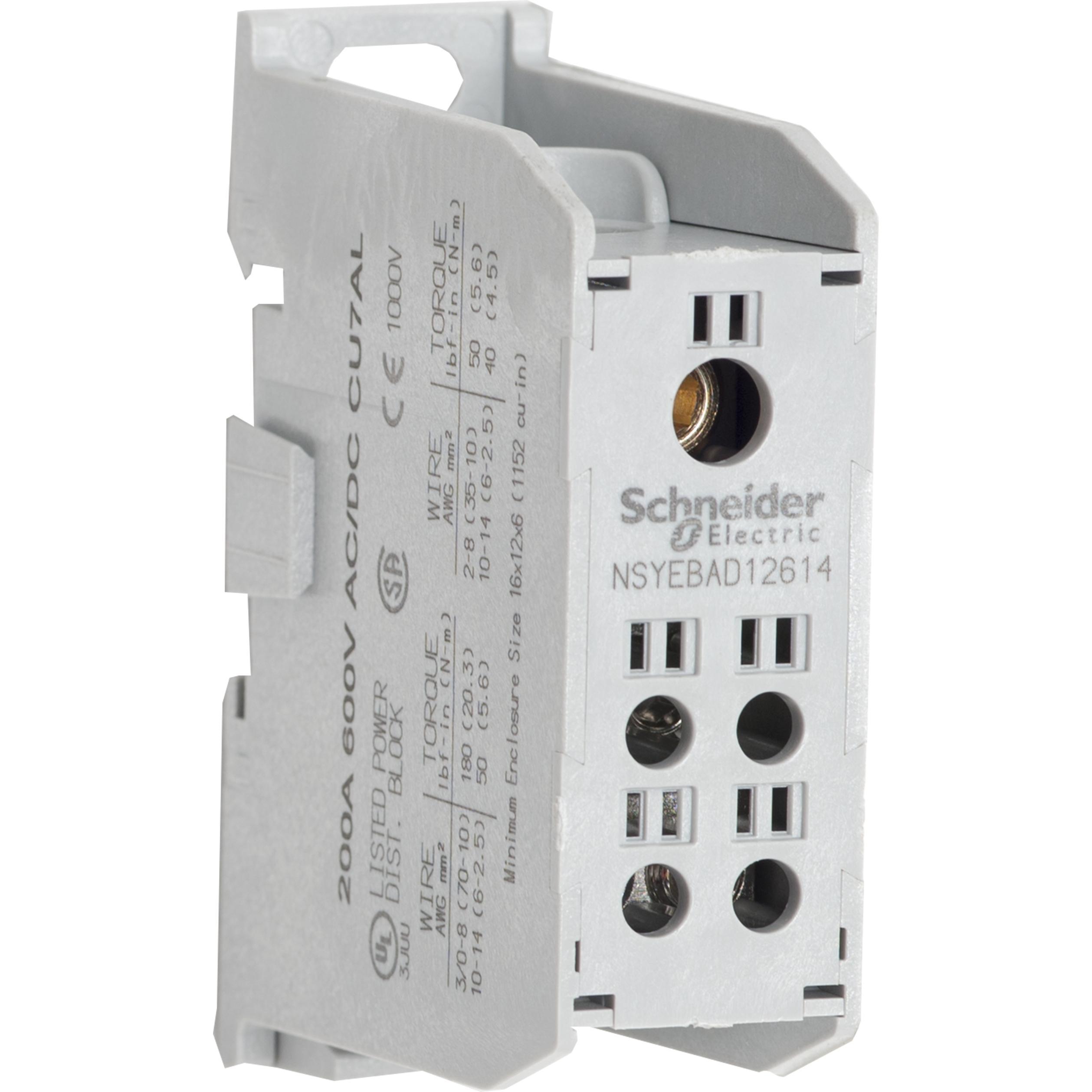 Schneider Electric Square D™ NSYEBCD12614 Power Distribution Block, 600 V AC/DC, 200 A, 14 to 3/0 AWG Cu Line, 14 to 2 AWG Cu Load Wire, Thermoplastic