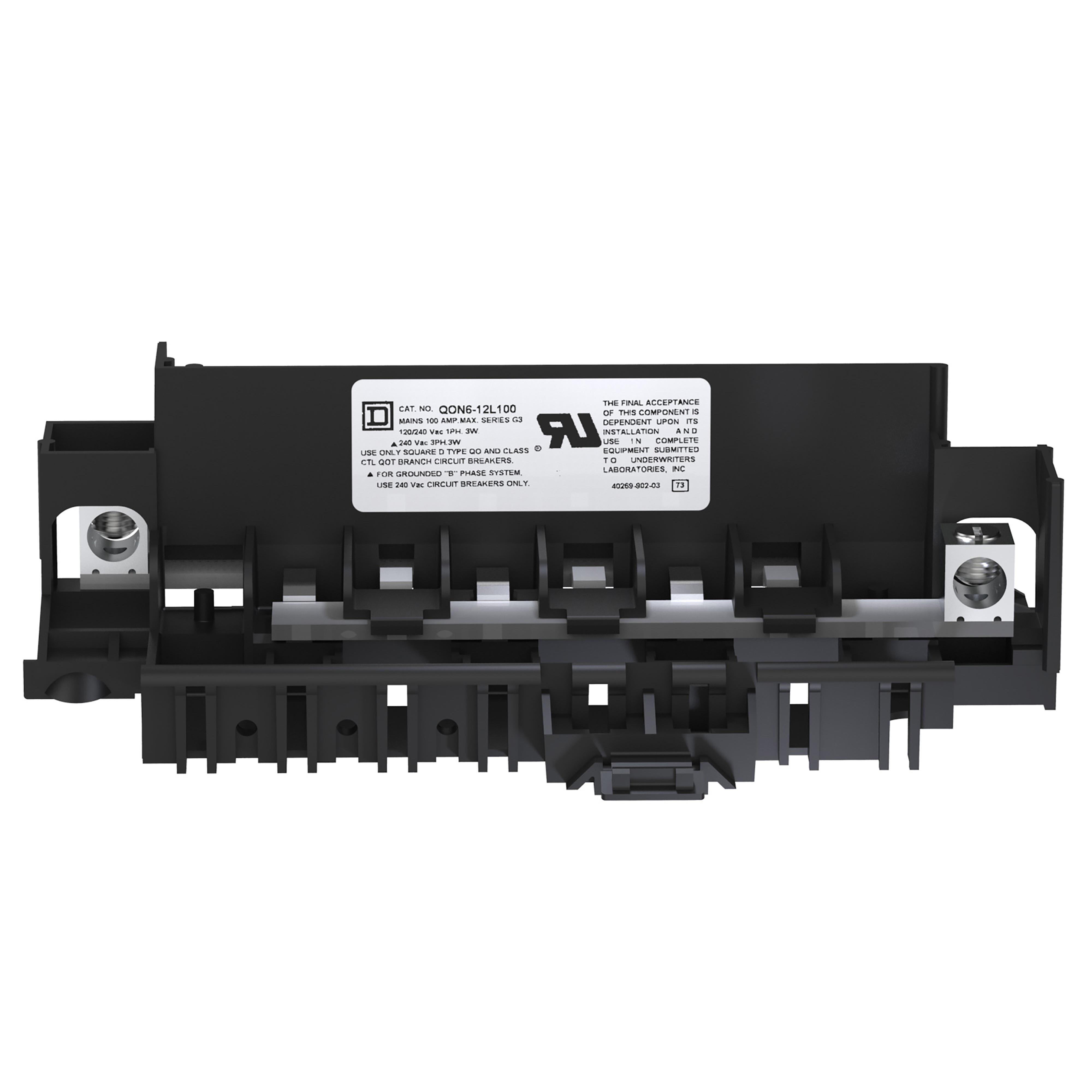 Schneider Electric QO™ QON612L100 Type OEM Mounting Base, For Use With QO™ QO-GFI, QO-AFI, QO-EPD Unit Mount Circuit Breaker and Loadcenter, 100 A at 120/240 V AC, 10 kA, 1-Phase, 3-Wire, 8 to 1/0 AWG Al/Cu, 1-Pole, 6-Space