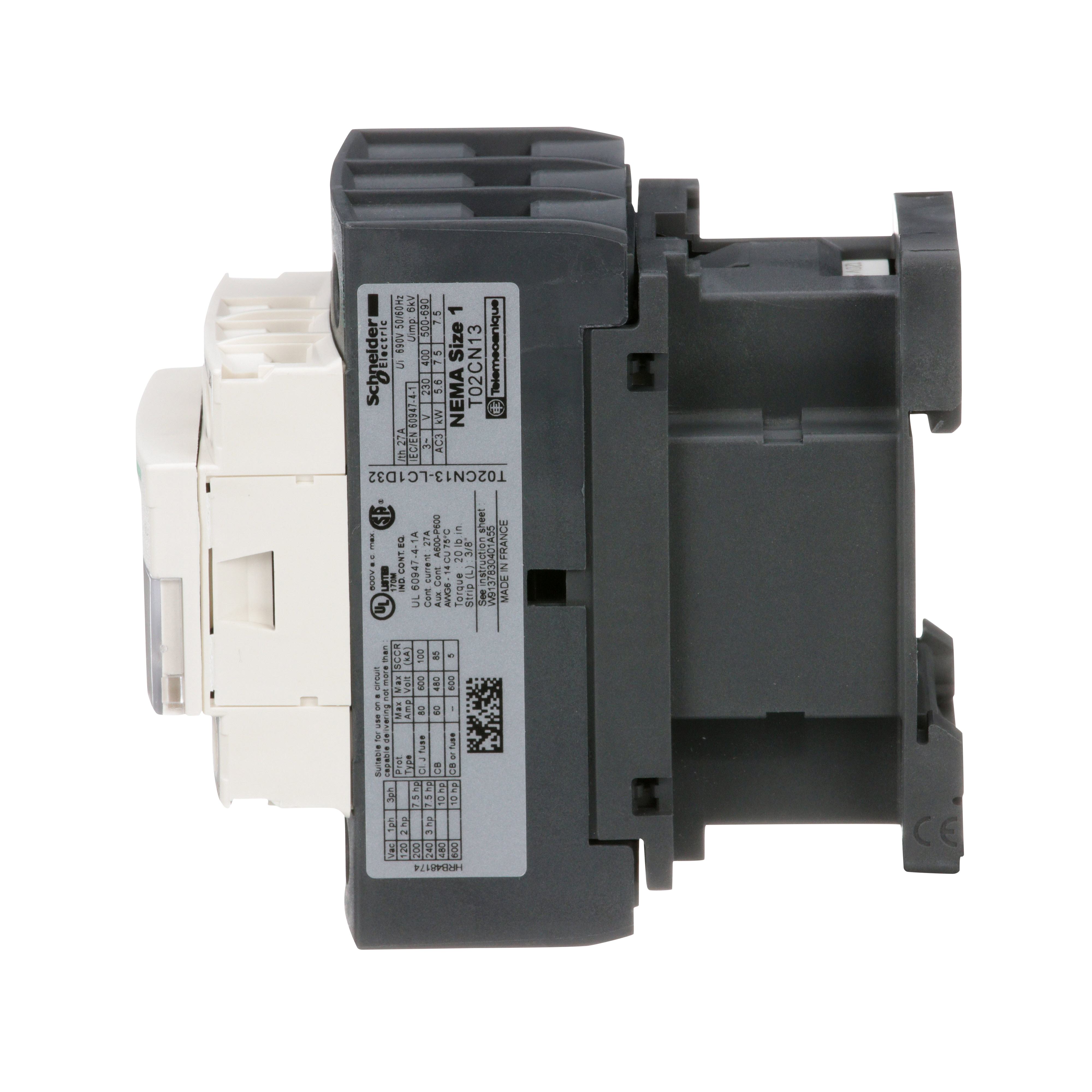 Schneider Electric Square D™ T02BN13G7 Non-Reversing Contactor, 120 V AC V Coil, 18 A, 1NO-1NC Contact, 3 Poles