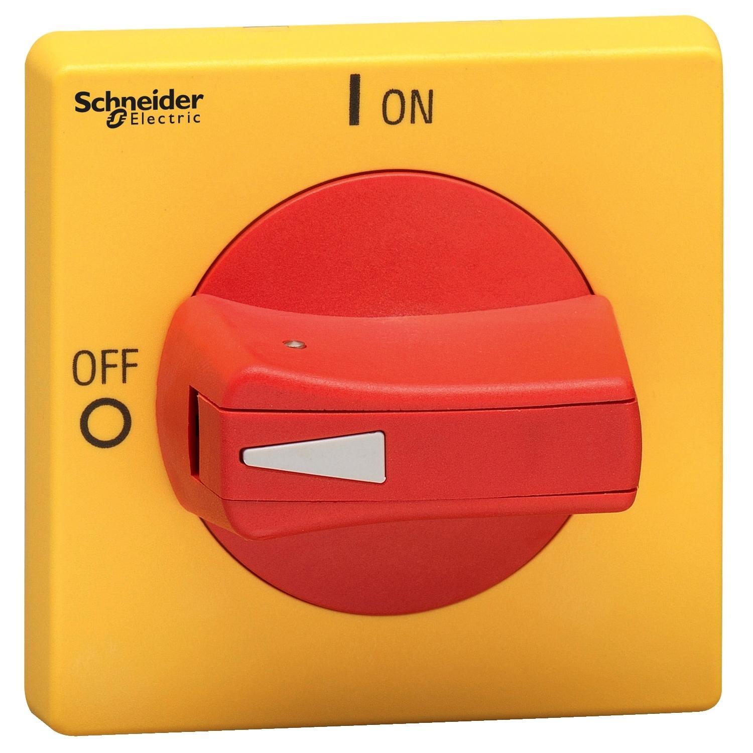 Schneider Electric TeSys™ VLSH2H5RD Defeatable Protrud Rotary Single Hole Disconnect Switch Operating Handle With Front Plate, 65 mm L x 65 mm W x 65 mm H, Red/Yellow