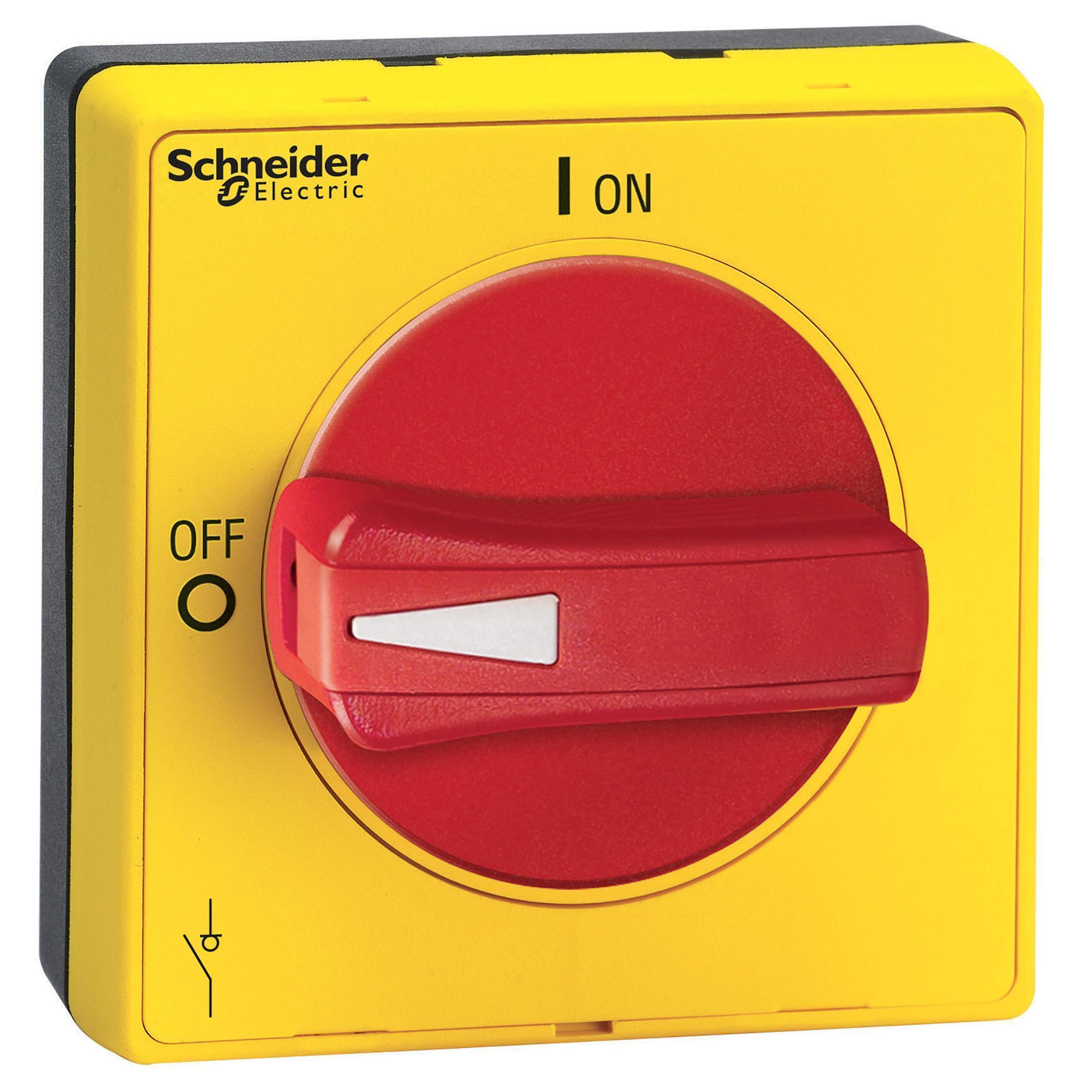 Schneider Electric TeSys™ VLSH2S5R Protruding Rotary Screw Fixing Disconnect Switch Operating Handle With Front Plate, 58 mm L x 65 mm W x 65 mm H, Red/Yellow