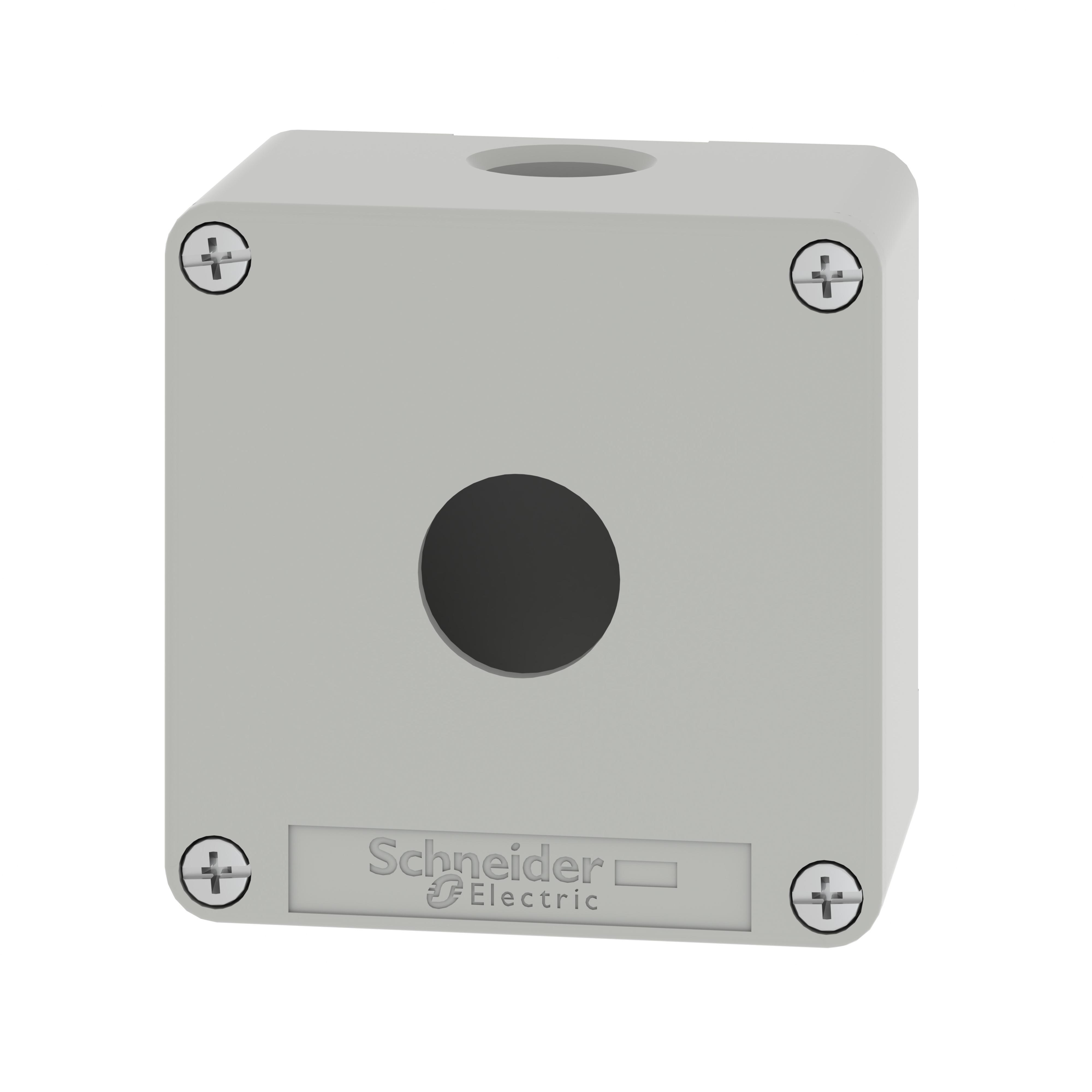 Schneider Electric Harmony™ XAP XAPG19201 1-Cutout Empty Control Station Enclosure, For Use With XAPG 22 mm Control and Signaling Unit, NEMA 4/13/IP65/IP657 NEMA Rating, -25 to 70 deg C, Die Cast Zinc, Gray