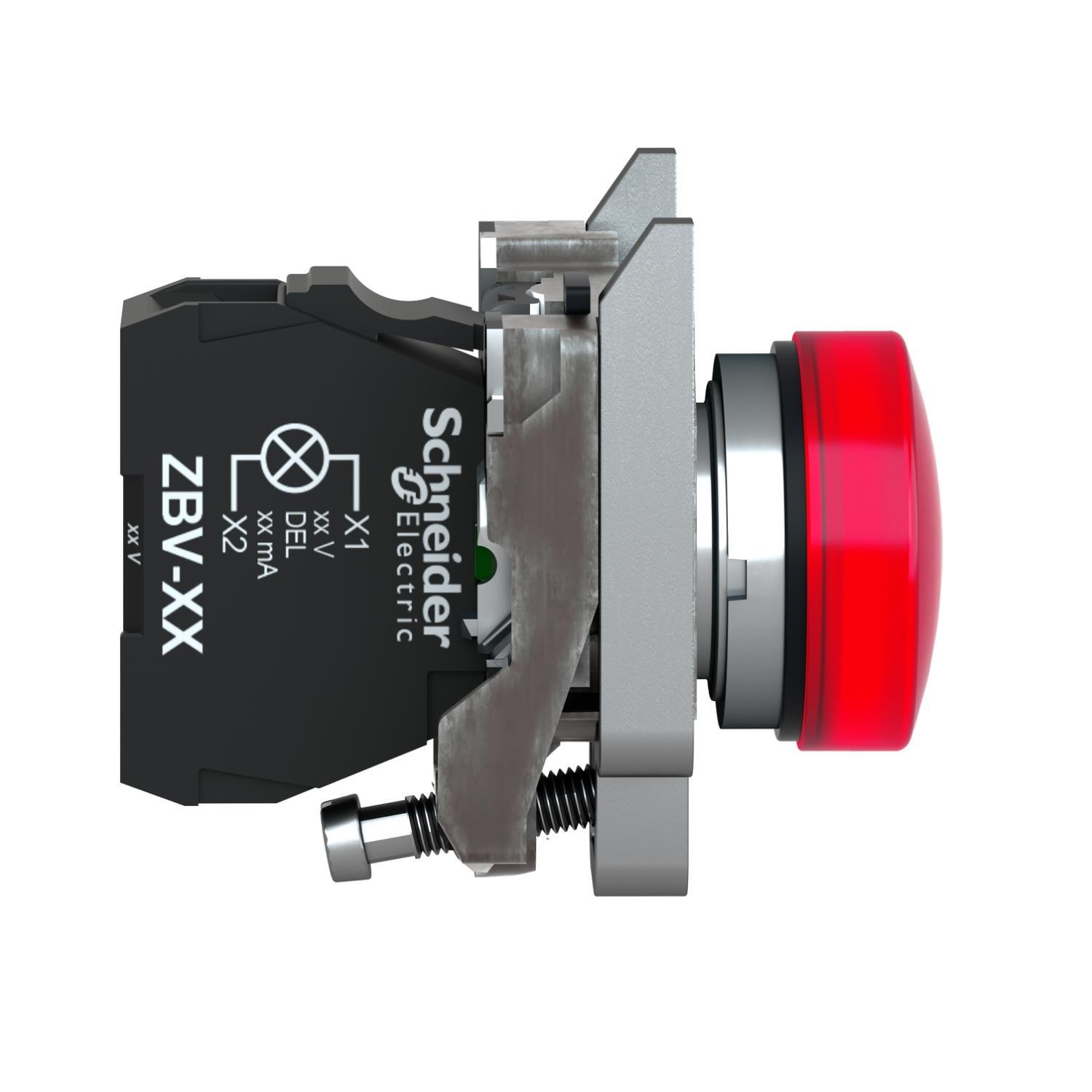Schneider Electric XB4BVG4 XB4 Red Pilot Light, 110 to 120 V AC/DC, 14 mA, Plain Lens, Panel Mounting