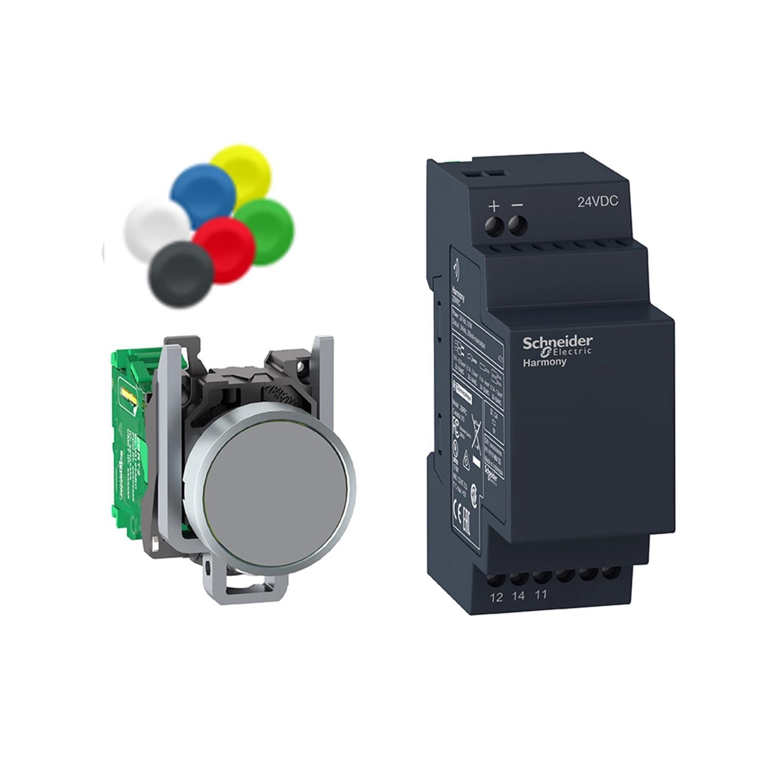 Schneider Electric Square D™ Harmony™ XB4RFB01 Non-Programmable Wireless and Batteryless Pushbutton Package, For Use With Harmony® XB5R/XB4R 22 mm Control and Signaling Unit, 24 V DC, NEMA 12/IP30 Enclosure, Momentary Contact, Fixing Collar Mount, Metal