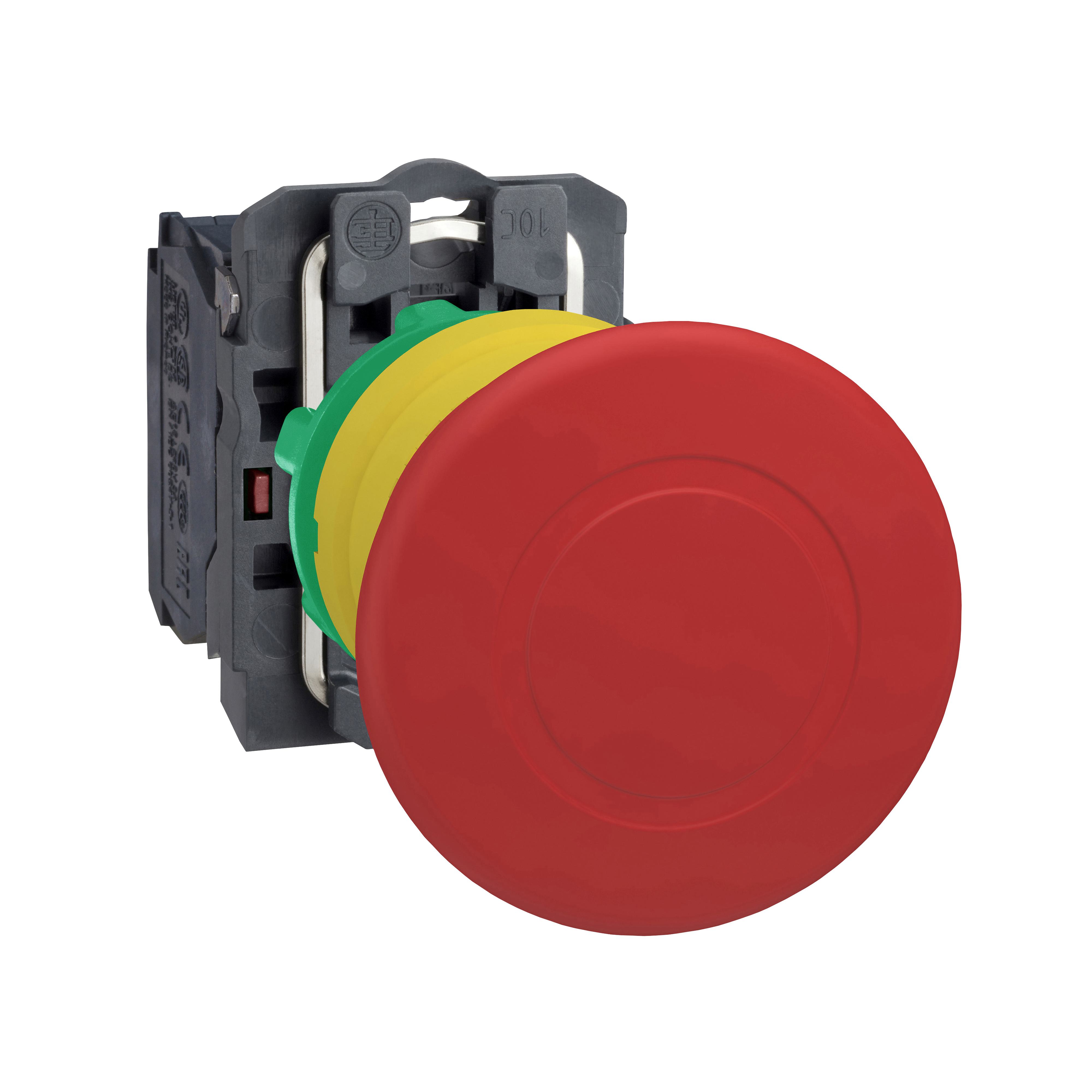 Schneider Electric Harmony™ Square D™ XB5AT842 Complete Non-Illuminated Switch, 22 mm, 1NC Contact, Slow Break Contact, Mushroom Head Operator, Red
