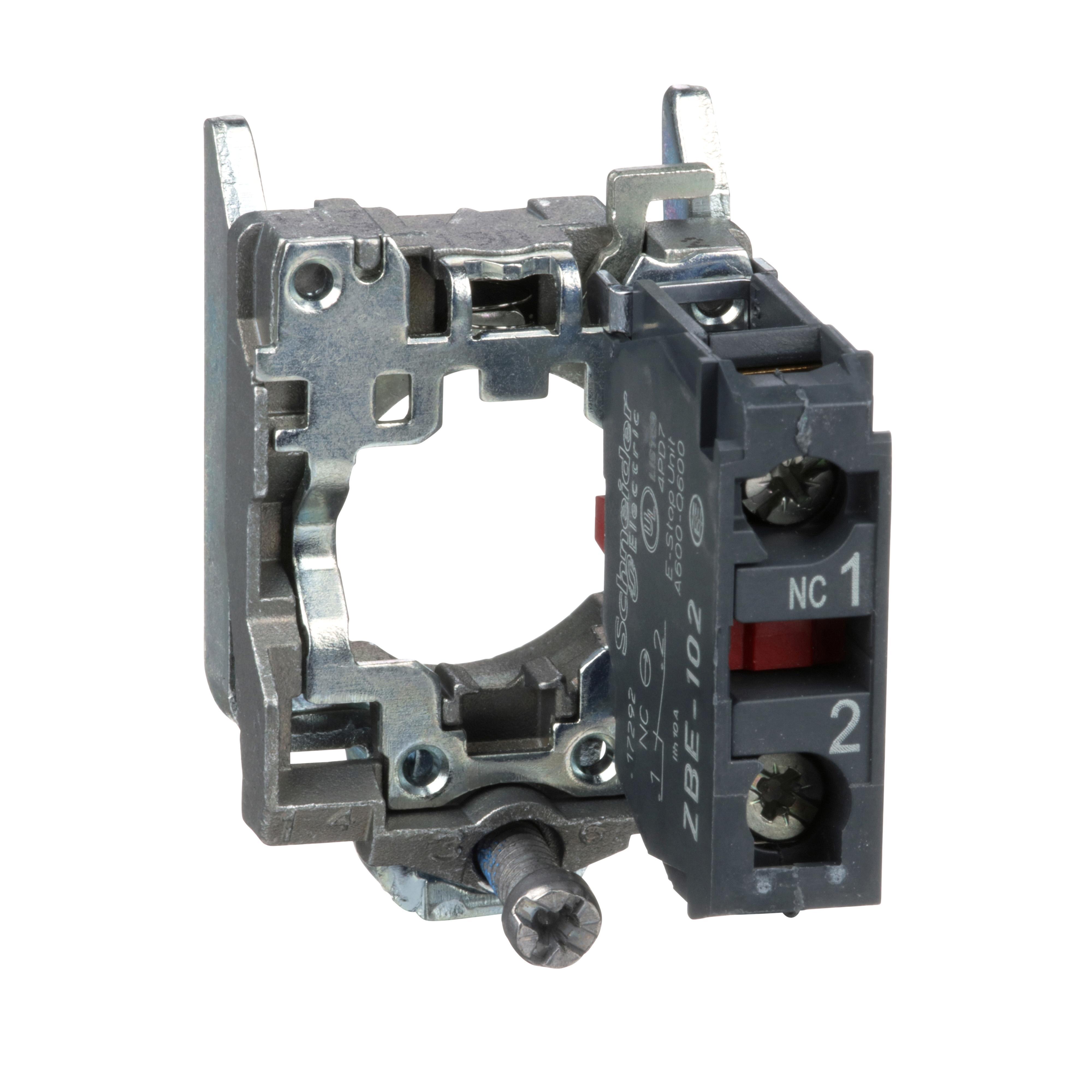 Schneider Electric Harmony™ ZB4BZ102 XB4 Slow Break Complete Body/Contact Assembly, 22 mm, 1NC Contact, 10 A at 600 V AC Contact, Silver Alloy Contact, Momentary Action, Gray