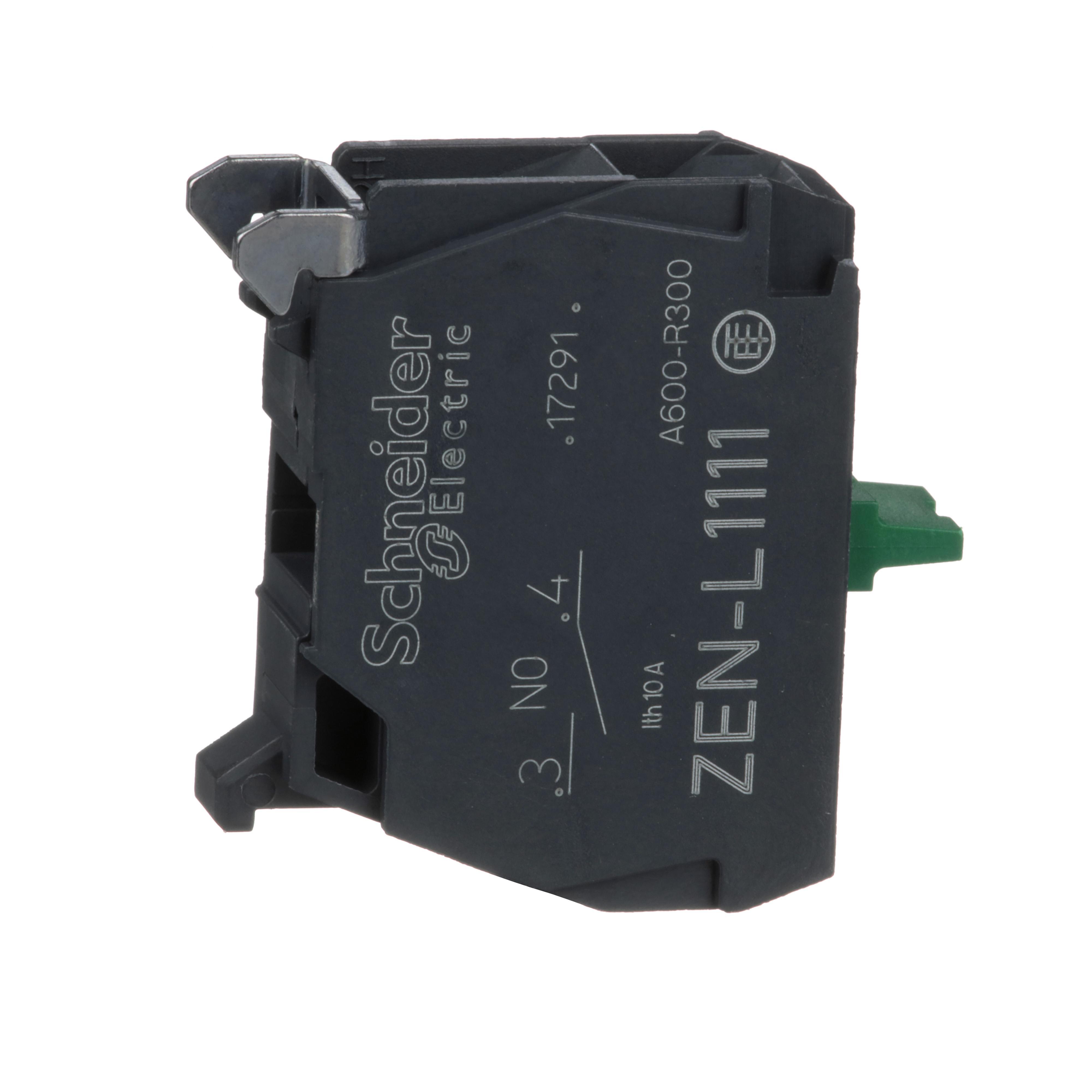 Schneider Electric Harmony™ ZENL1111 Auxiliary Contact Block, 1NO Contact, 10 A at 600 V AC Contact, 1 Poles, For Use With XAL Series, XAPS Control Station, XB5 22 mm Control and Signaling Unit, Silver Alloy Contact
