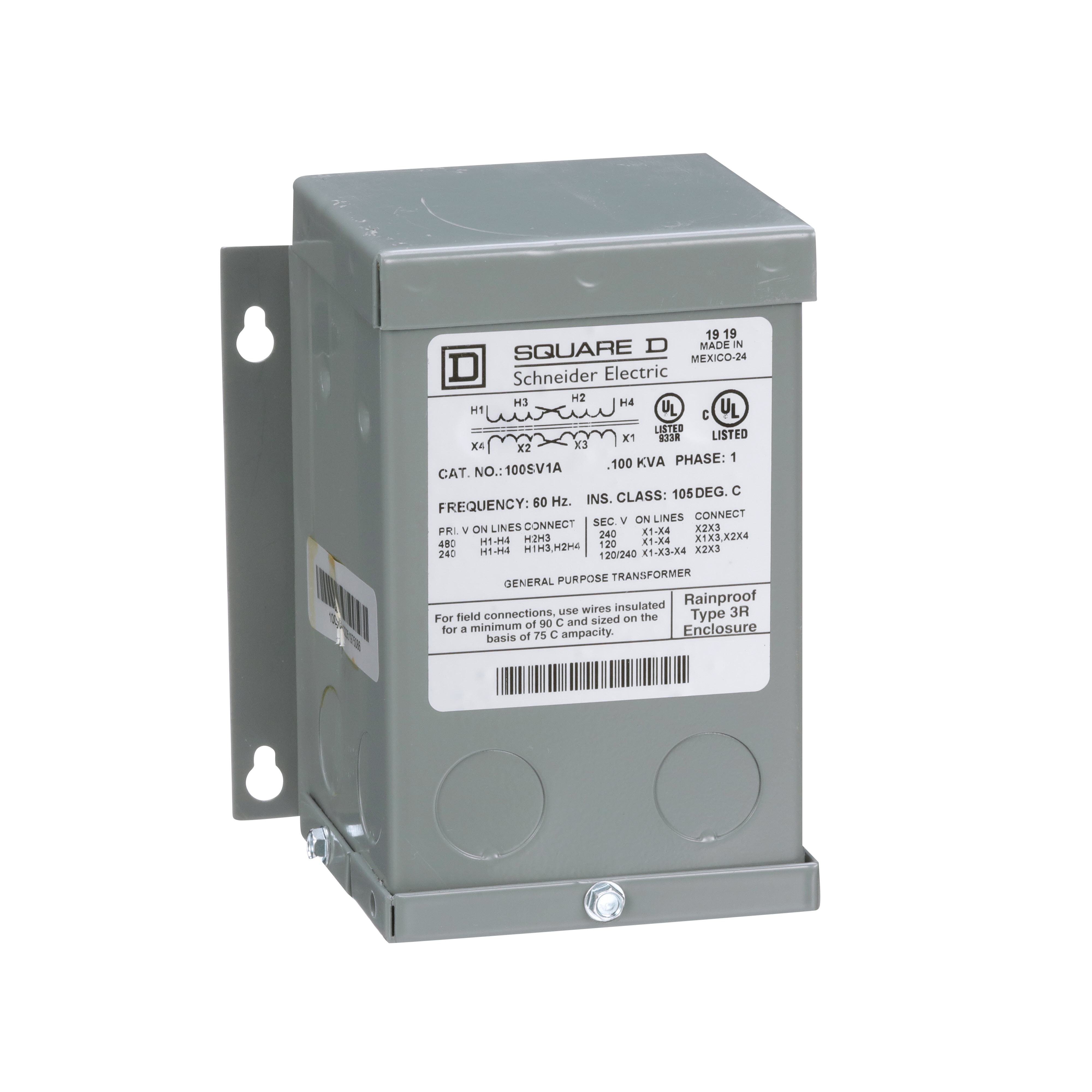 Square D™ 100SV1A XFMR Dry Sealed Encapsulated Transformer, 240 x 480 V AC Primary, 120/240 VAC Secondary, 0.1 kVA Power Rating, 60 Hz, 1 Phase