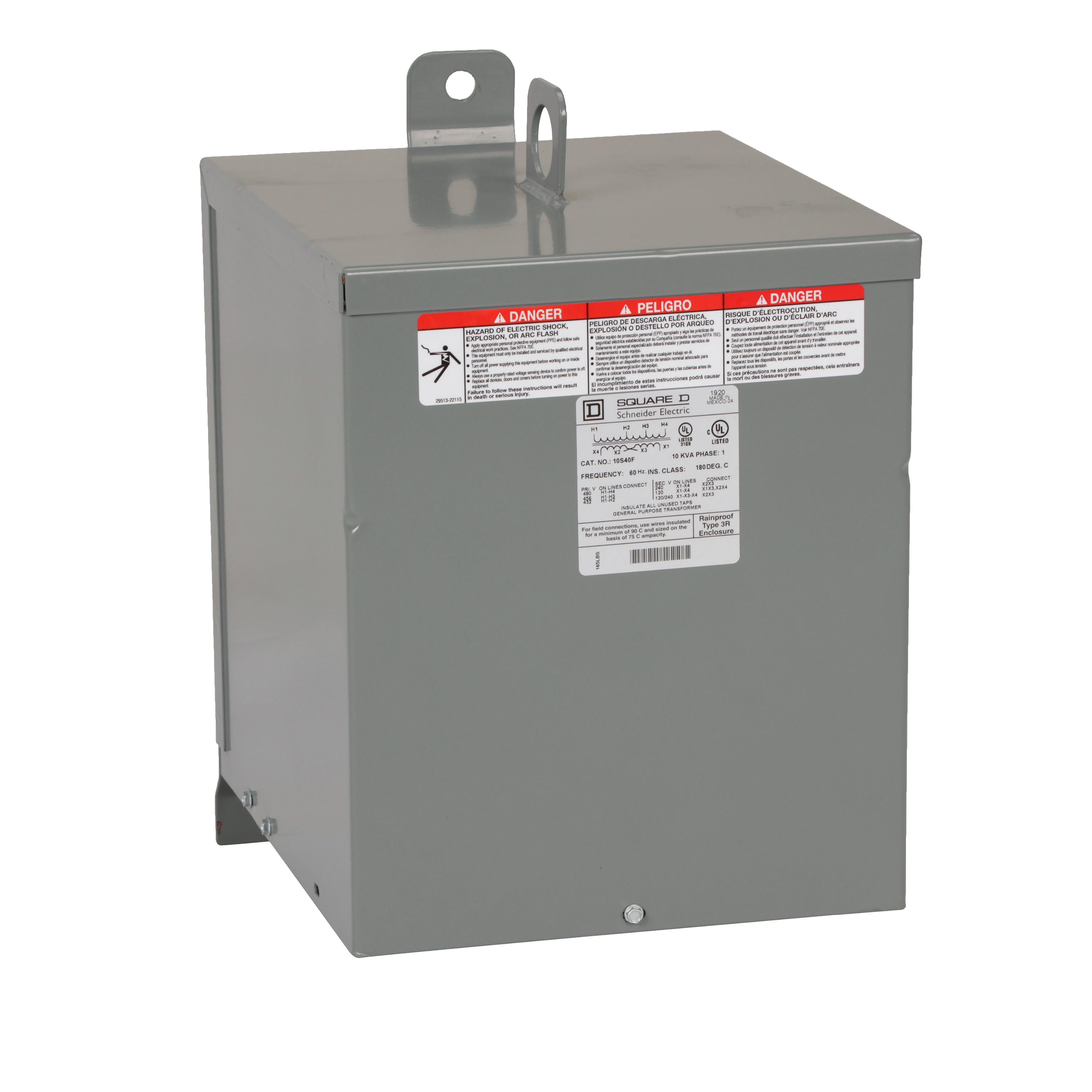 Square D™ 10S40F Dry Sealed General Purpose Transformer, 480 V AC Primary, 120/240 VAC Secondary, 10 kVA Power Rating, 60 Hz, 1 Phase