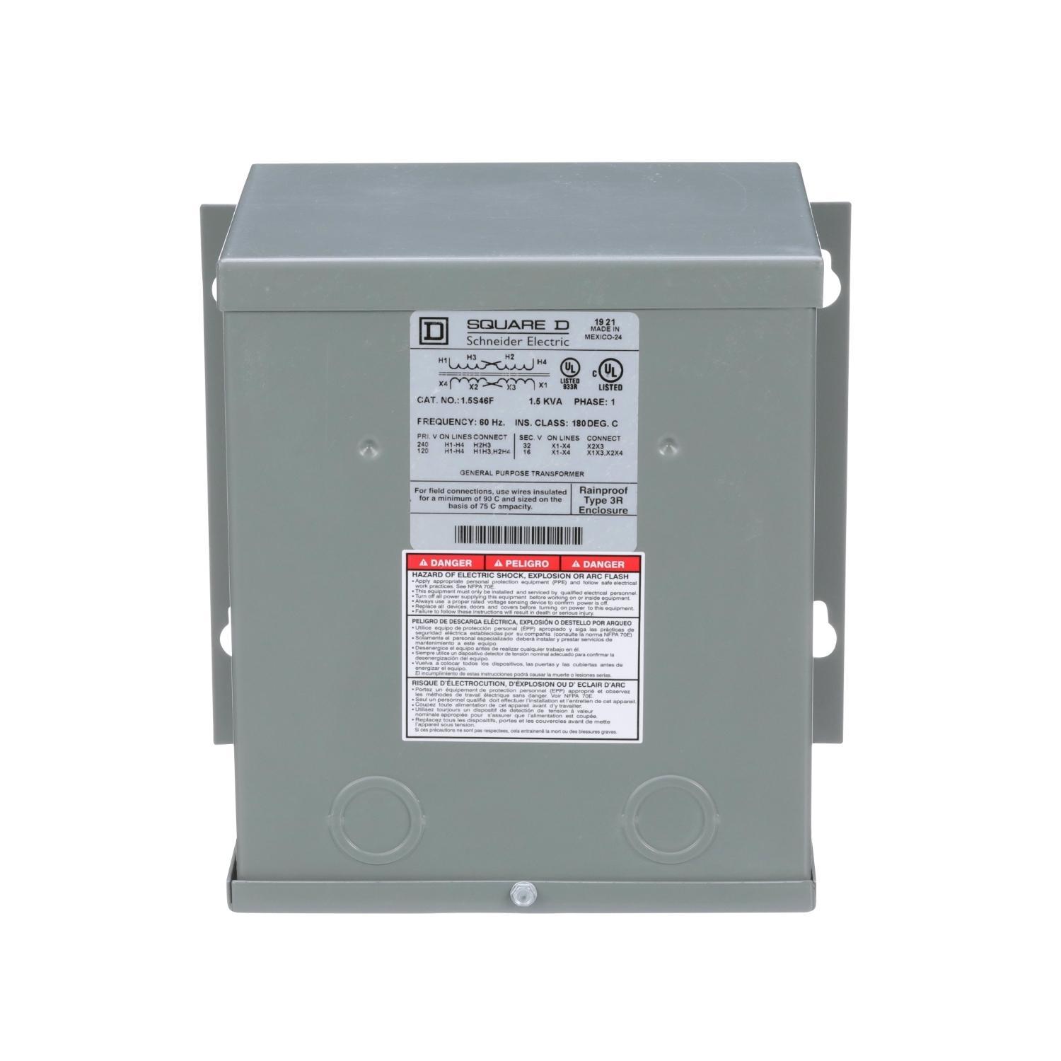 Square D™ 1.5S46F Dry Buck And Boost Transformer, 120/240 V AC Primary, 16/32 VAC Secondary, 1.5 kVA Power Rating, 60 Hz, 1 Phase